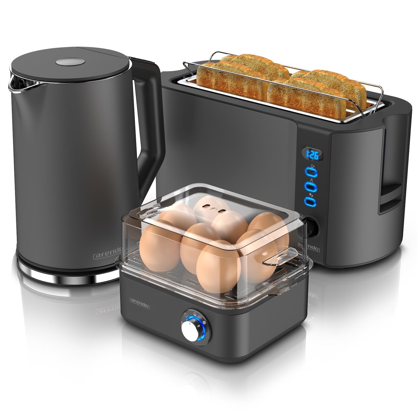 Arendo 3-teiliges Frühstücksset Grau - Wasserkocher 1,5l, Toaster, Eierkocher