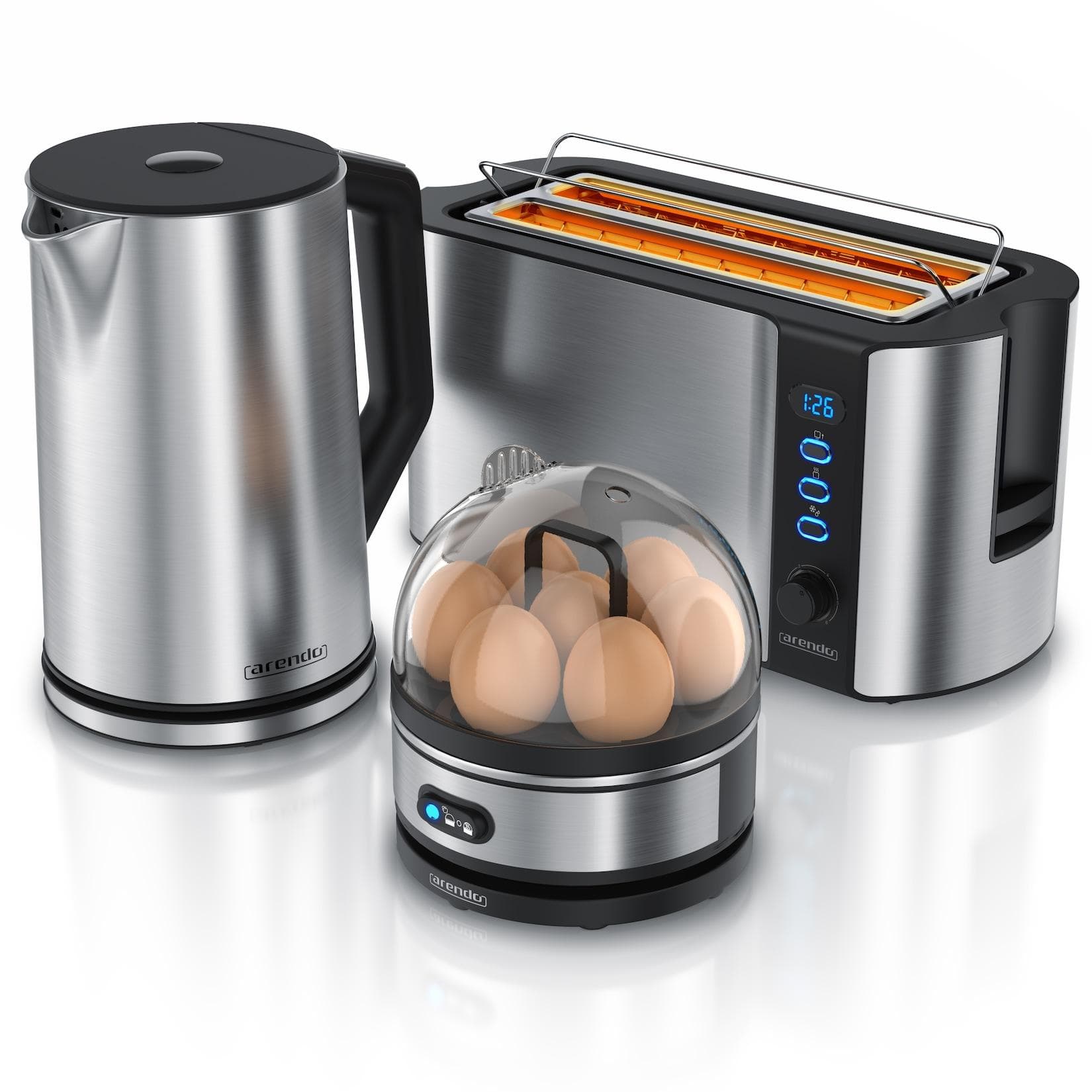 Arendo Frühstücksset 3-teilig mit Wasserkocher, Toaster & Eierkocher Silber