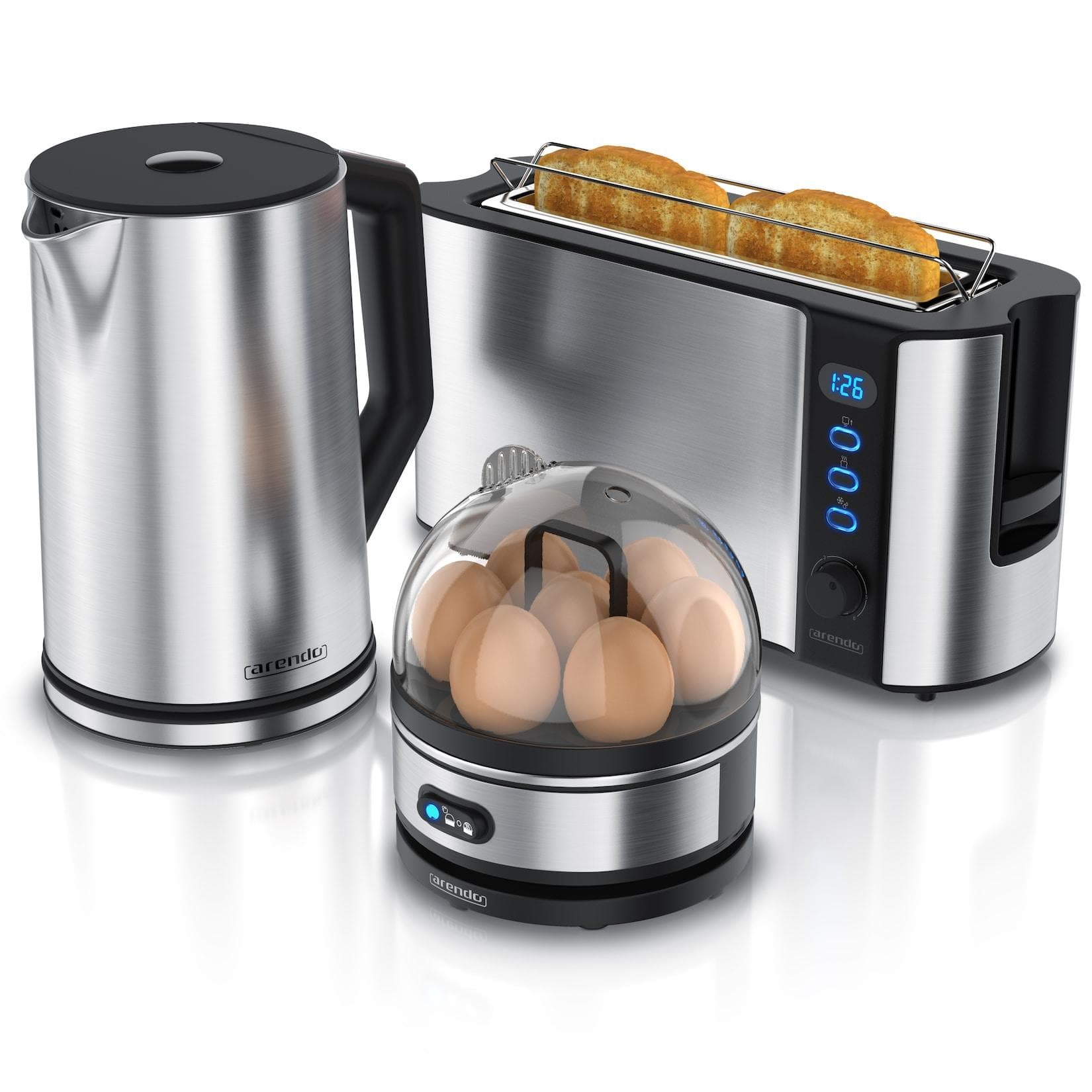 Arendo Frühstücks-Set 1,5L Wasserkocher, 2-Scheiben Langschlitz Toaster, 7er Eierkocher Silber