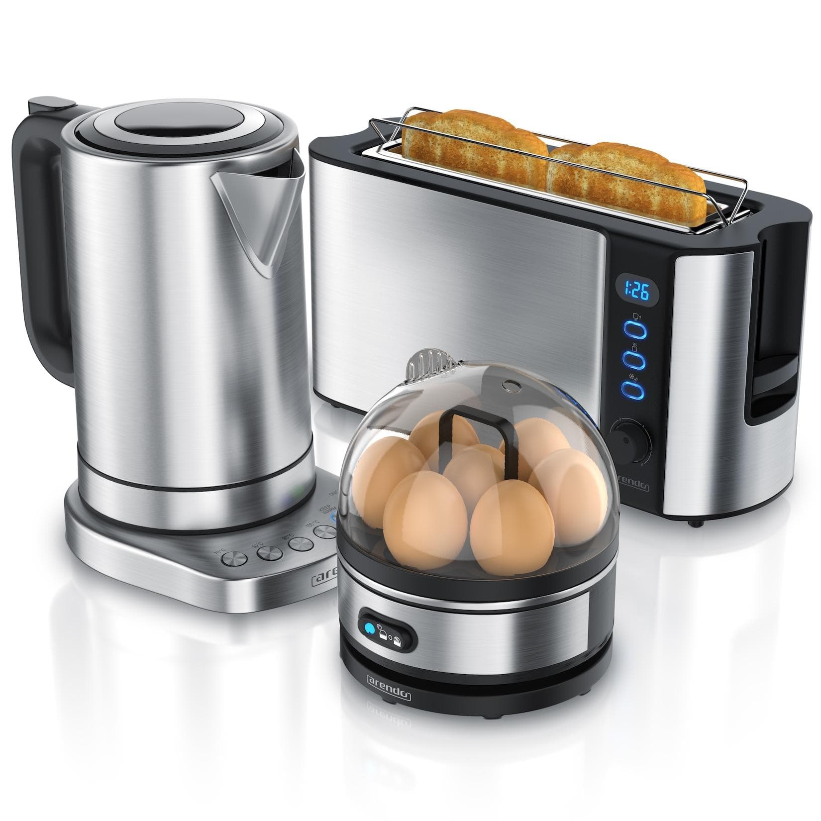 Arendo Frühstücks Set in Edelstahl Optik - Wasserkocher, Toaster, Eierkocher