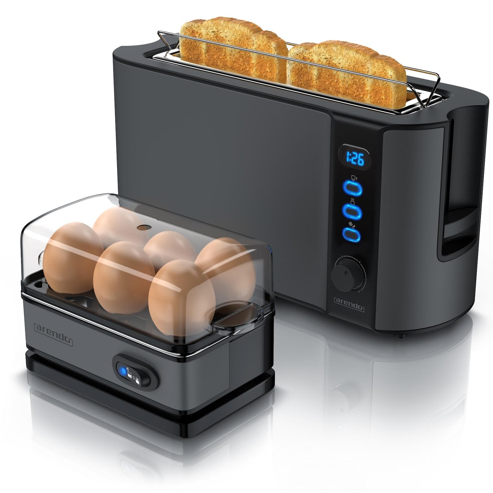 Arendo Frühstücks Set Grau Edelstahl - Langschlitz Toaster und Eierkocher