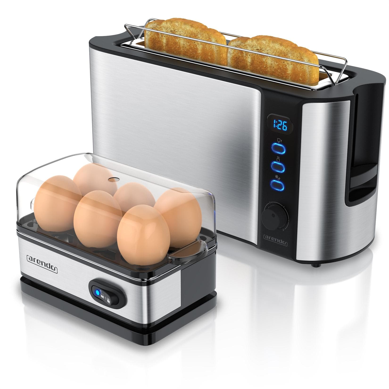 Arendo Frühstücks-Set 6er Eierkocher + 2-Scheiben Langschlitz Toaster FRUKOST Silber