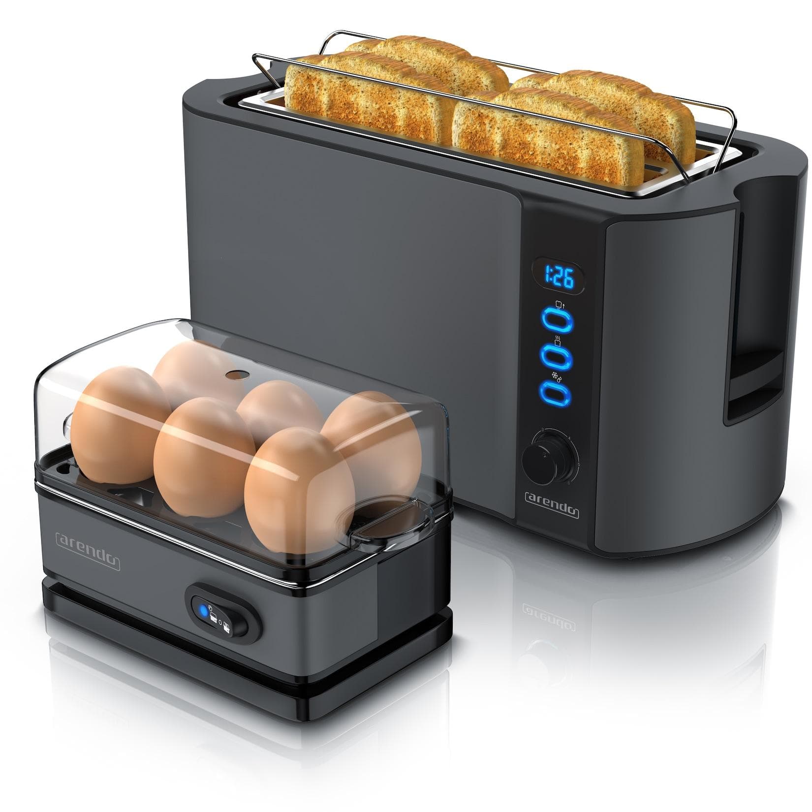 Arendo 2-teiliges Frühstücksset - 4-Scheiben Toaster & 6er Eierkocher Grau