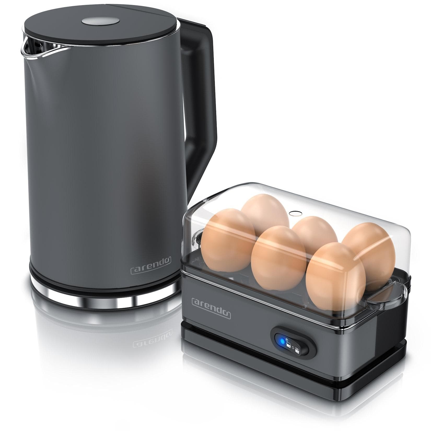 Arendo Frühstücksset 6er Eierkocher Edelstahl-Wasserkocher Grau