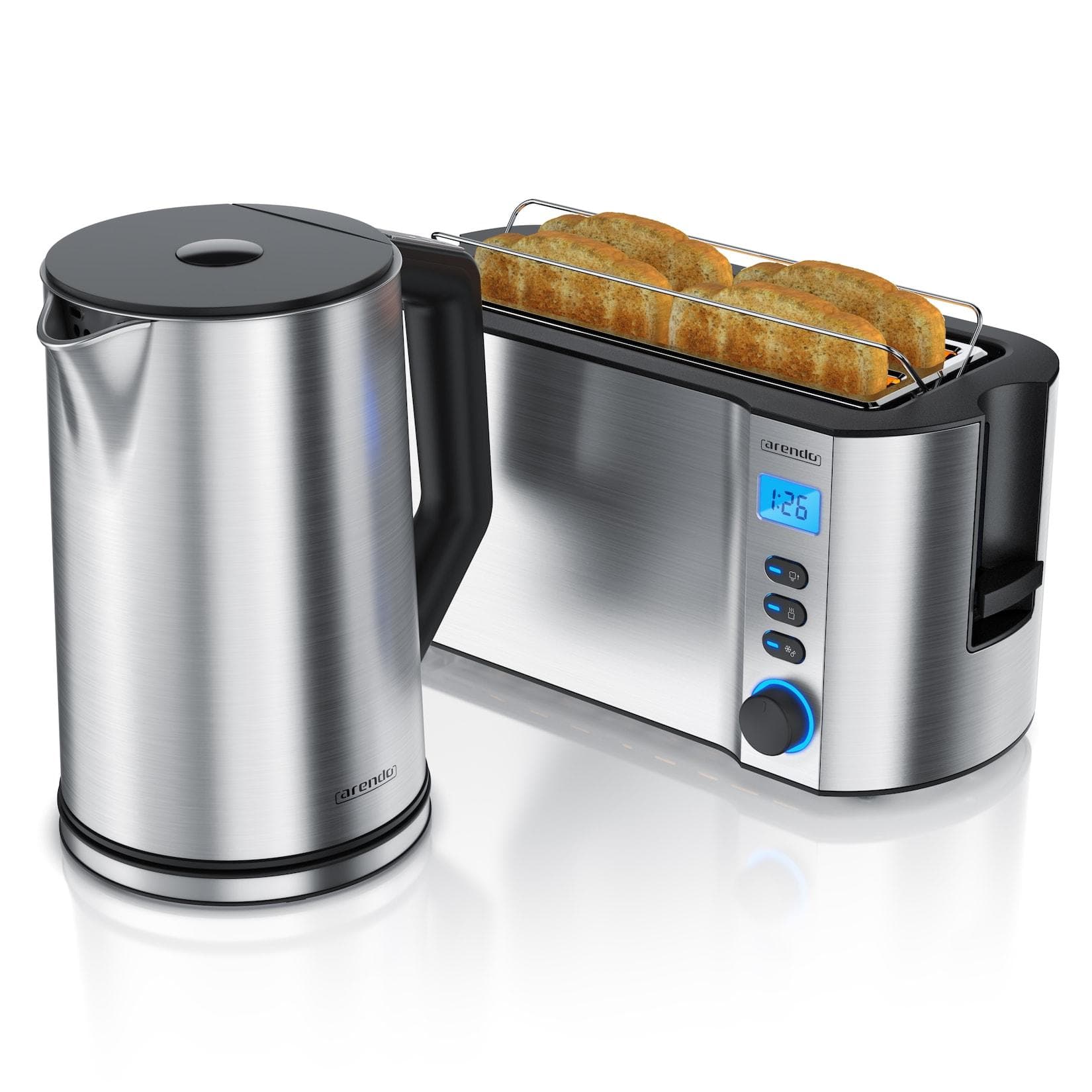 Arendo Frühstücksset 2-teilig 4-Scheiben Langschlitztoaster MANHA Edelstahl Wasserkocher 1,5l Silber