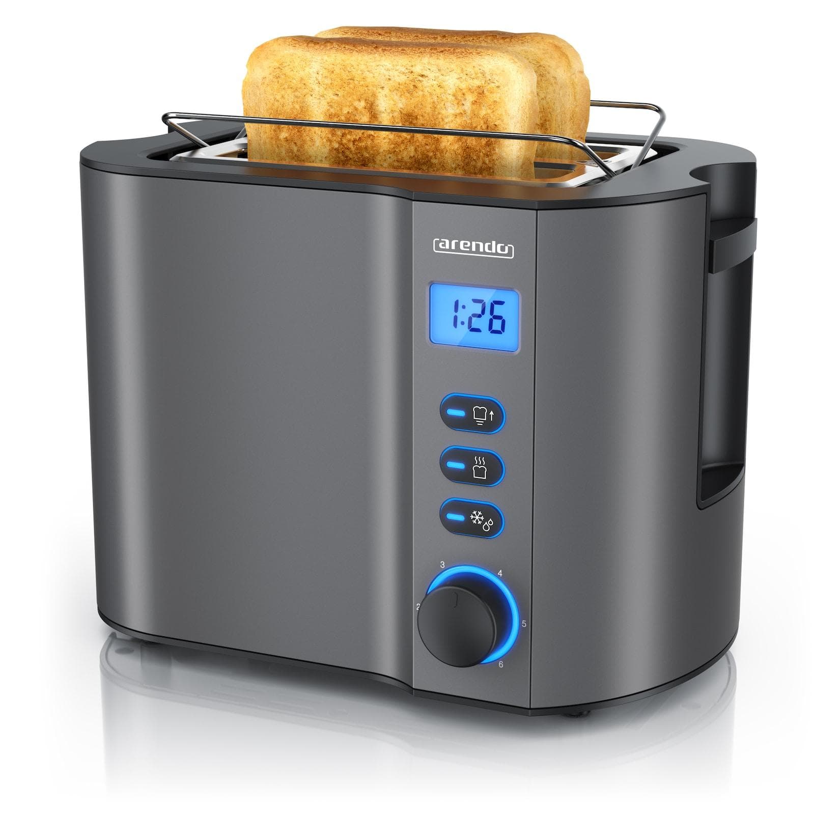 Arendo MANHA Toaster mit Restzeitanzeige, 2 Toastschlitze, 6 Stufen, Auftaufunktion, 800W, Grau