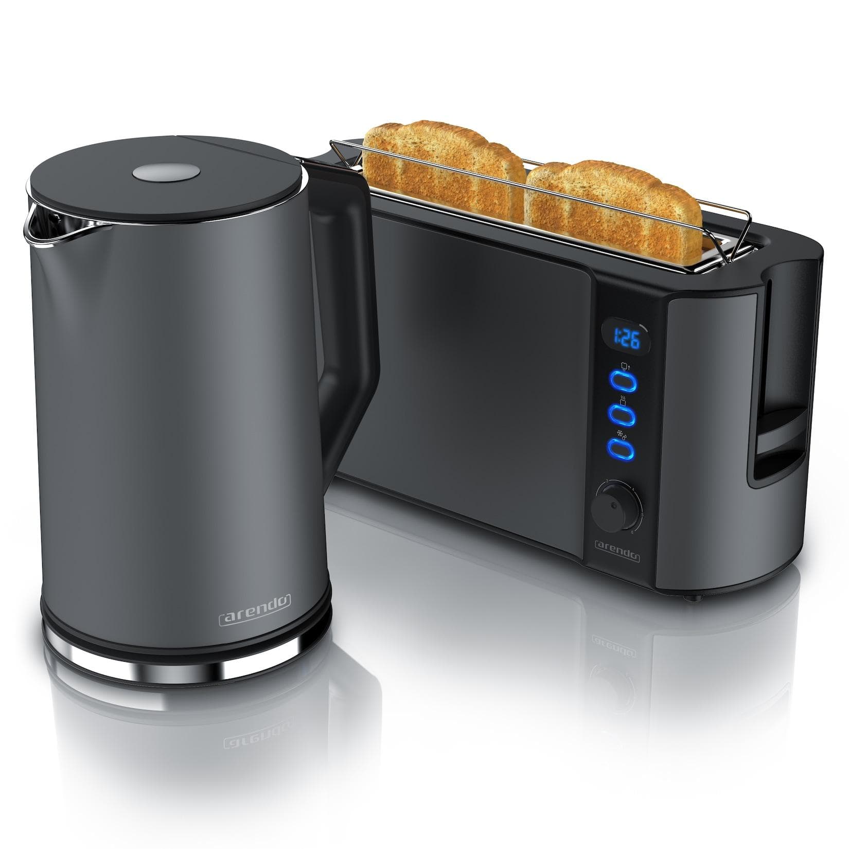 Arendo Frühstücks-Set 1,5L Edelstahl Wasserkocher & 2-Scheiben Langschlitz Toaster Grau