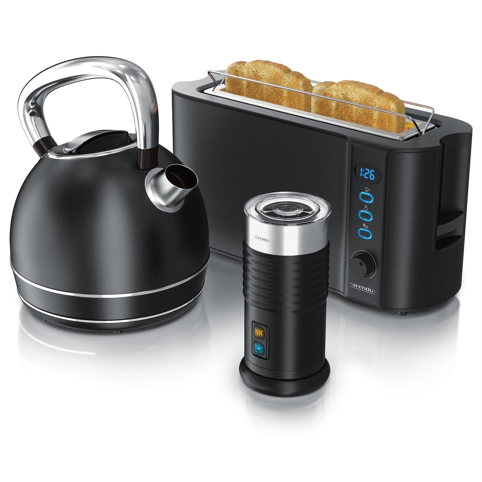 Arendo Frühstücks-Set Schwarz matt Wasserkocher Toaster Milchaufschäumer