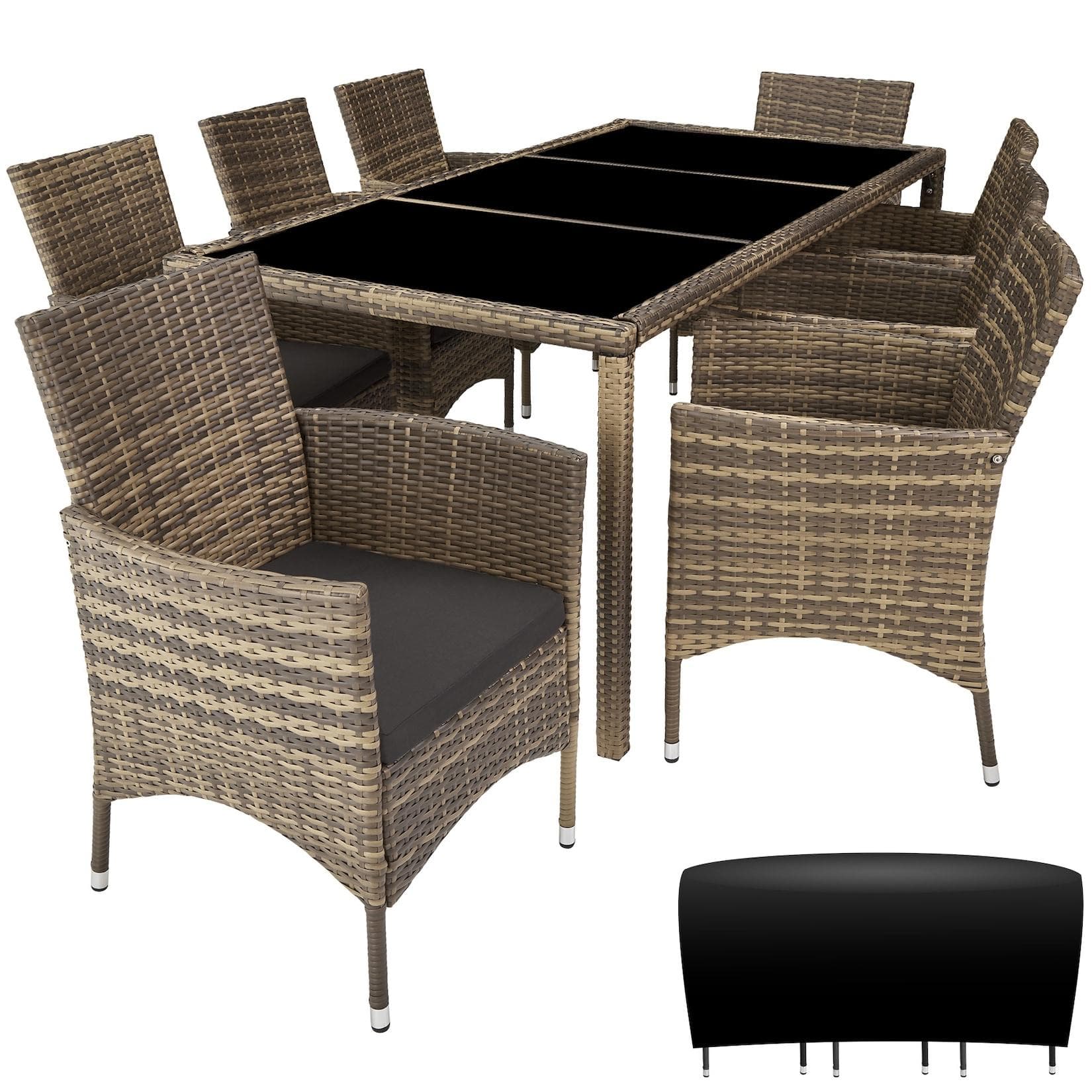 tectake Rattan Sitzgruppe 8-tlg. UV-beständig mit Schutzhülle