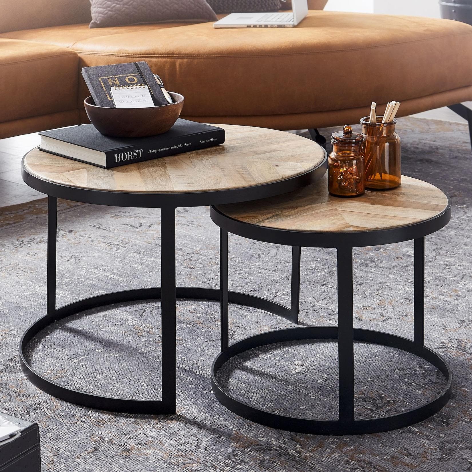 FINEBUY Couchtisch 2er Set Massivholz Rund Modern Industrial