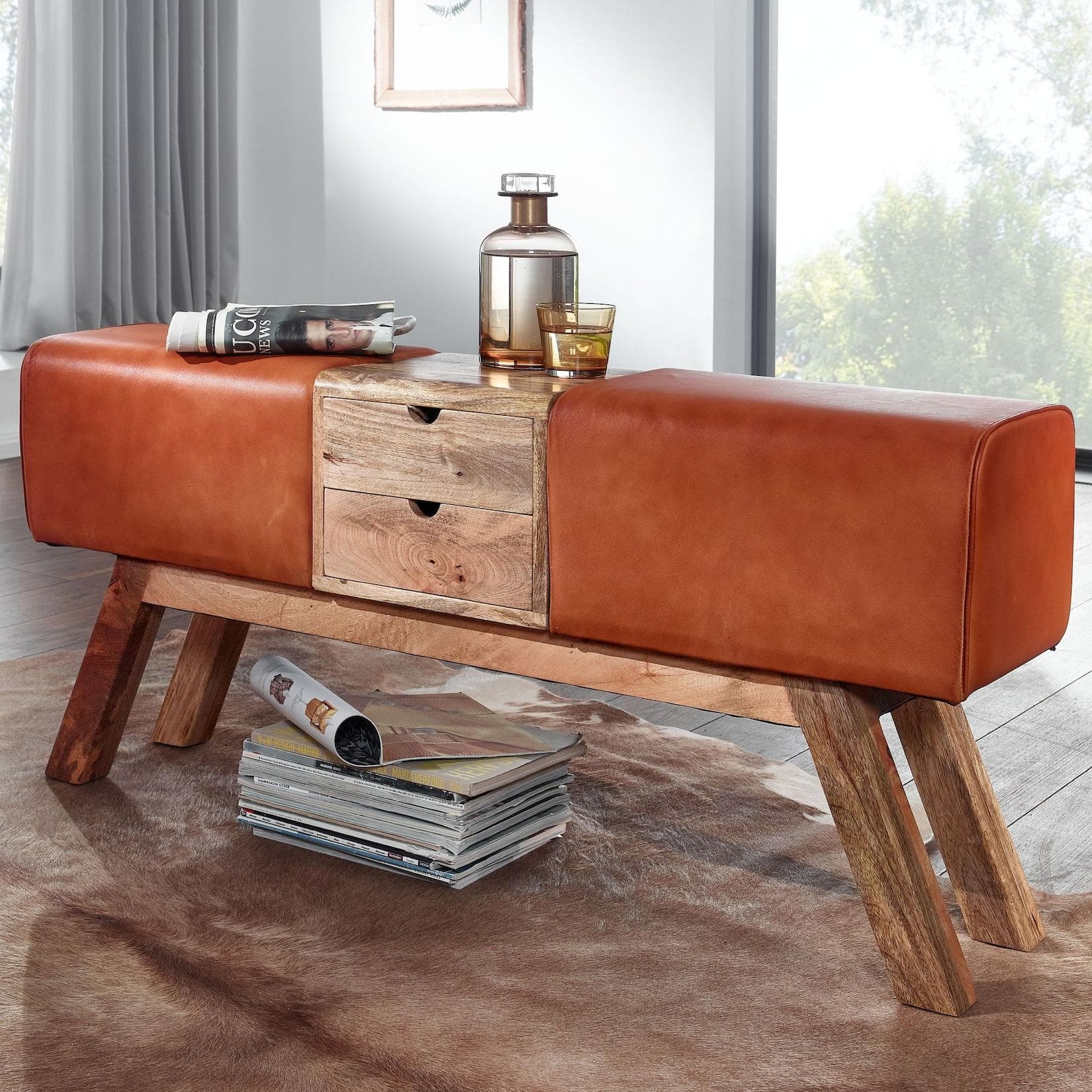 FINEBUY Sitzbank Echtleder Braun Retro Stauraum