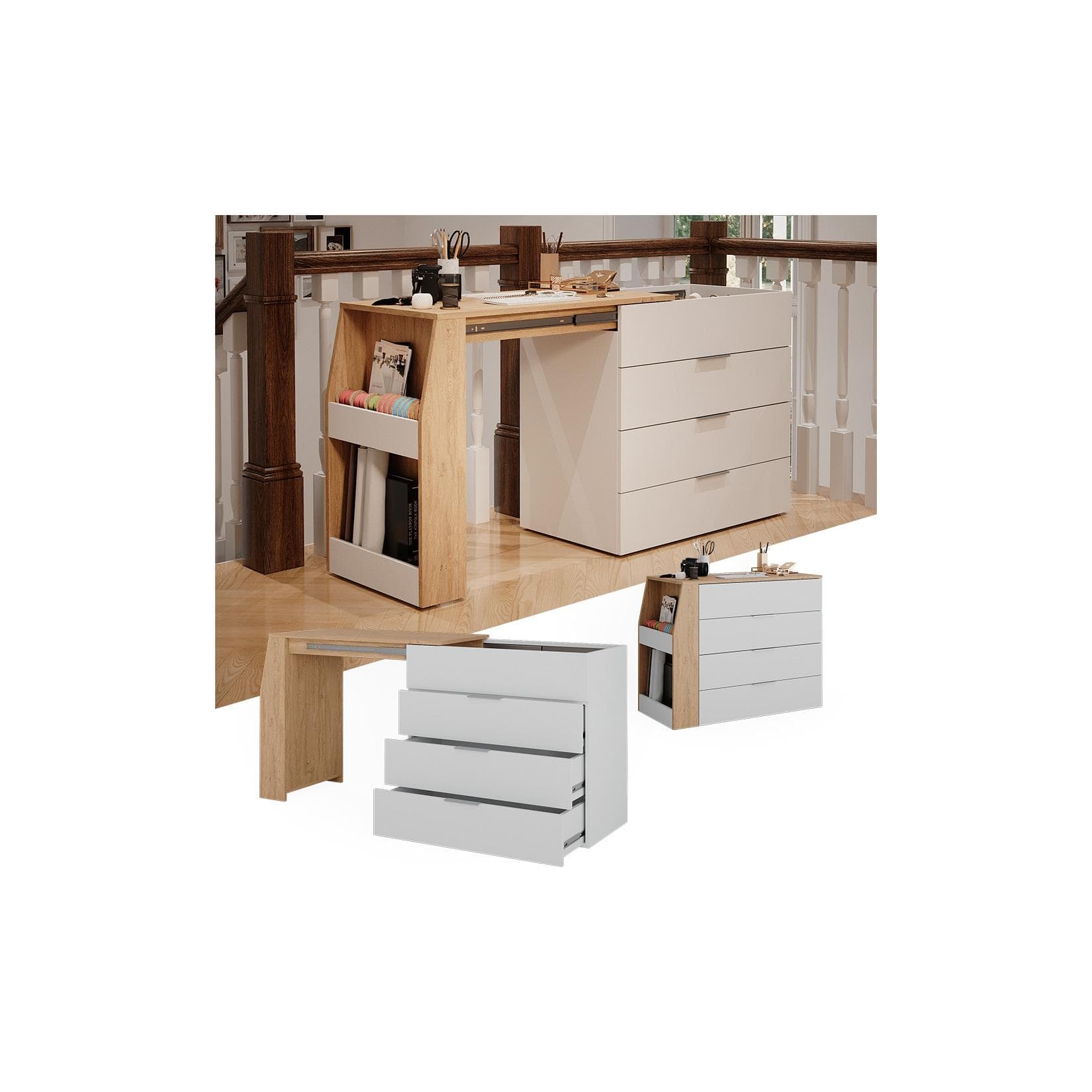 Ausklappbarer Schreibtisch mit 4 Schubladen - Weiß