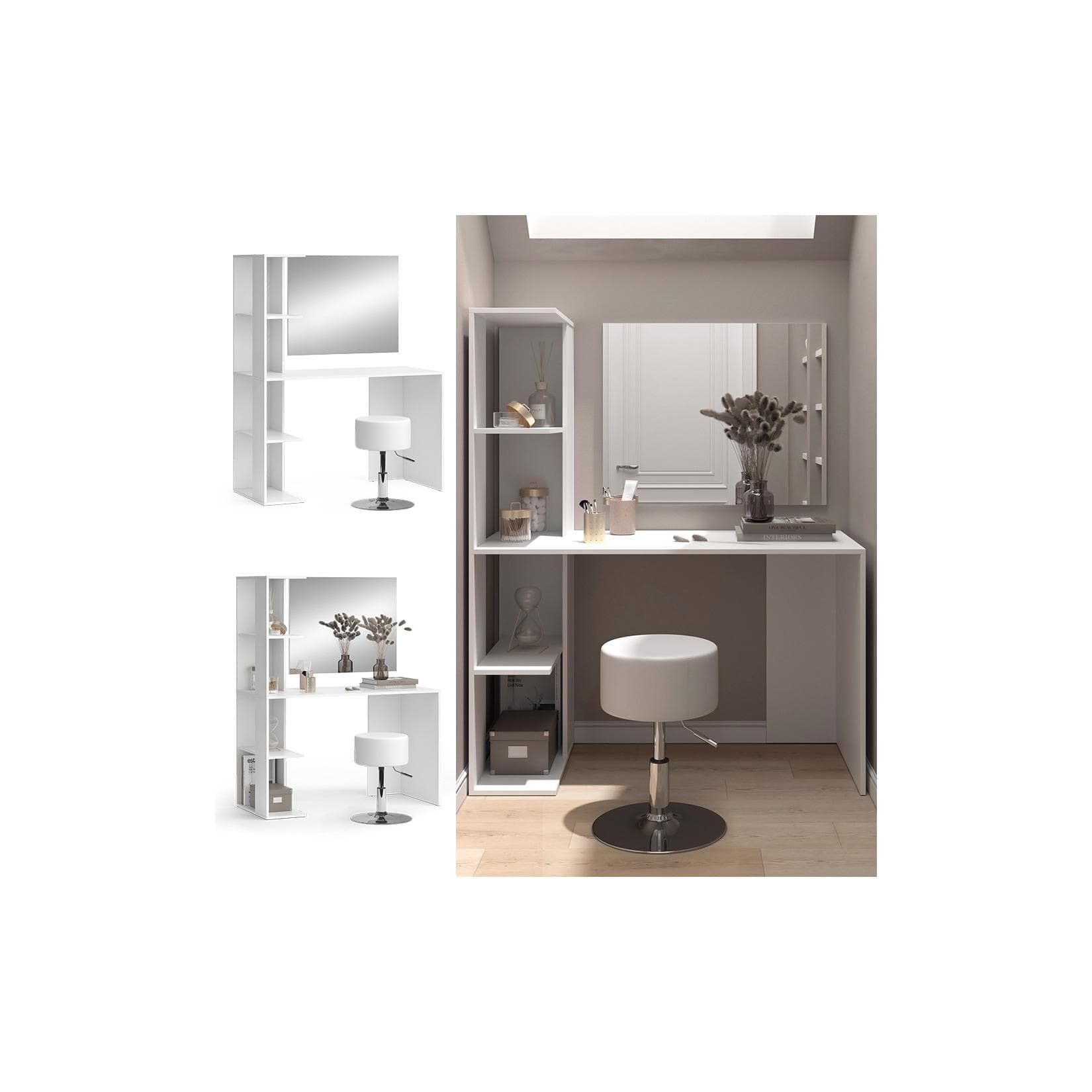Vicco Schminktisch Tower Weiß mit Spiegel und Hocker