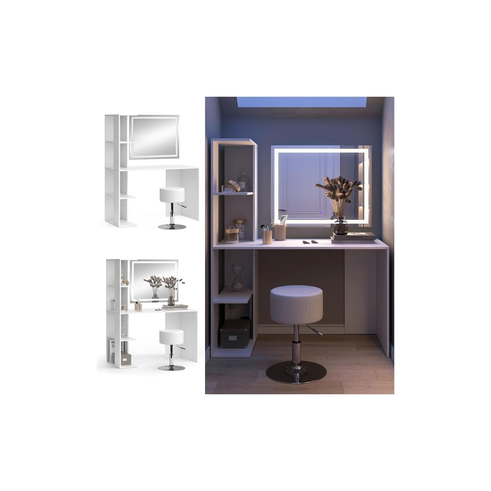 Vicco Schminktisch Tower Weiß mit LED-Spiegel und Hocker