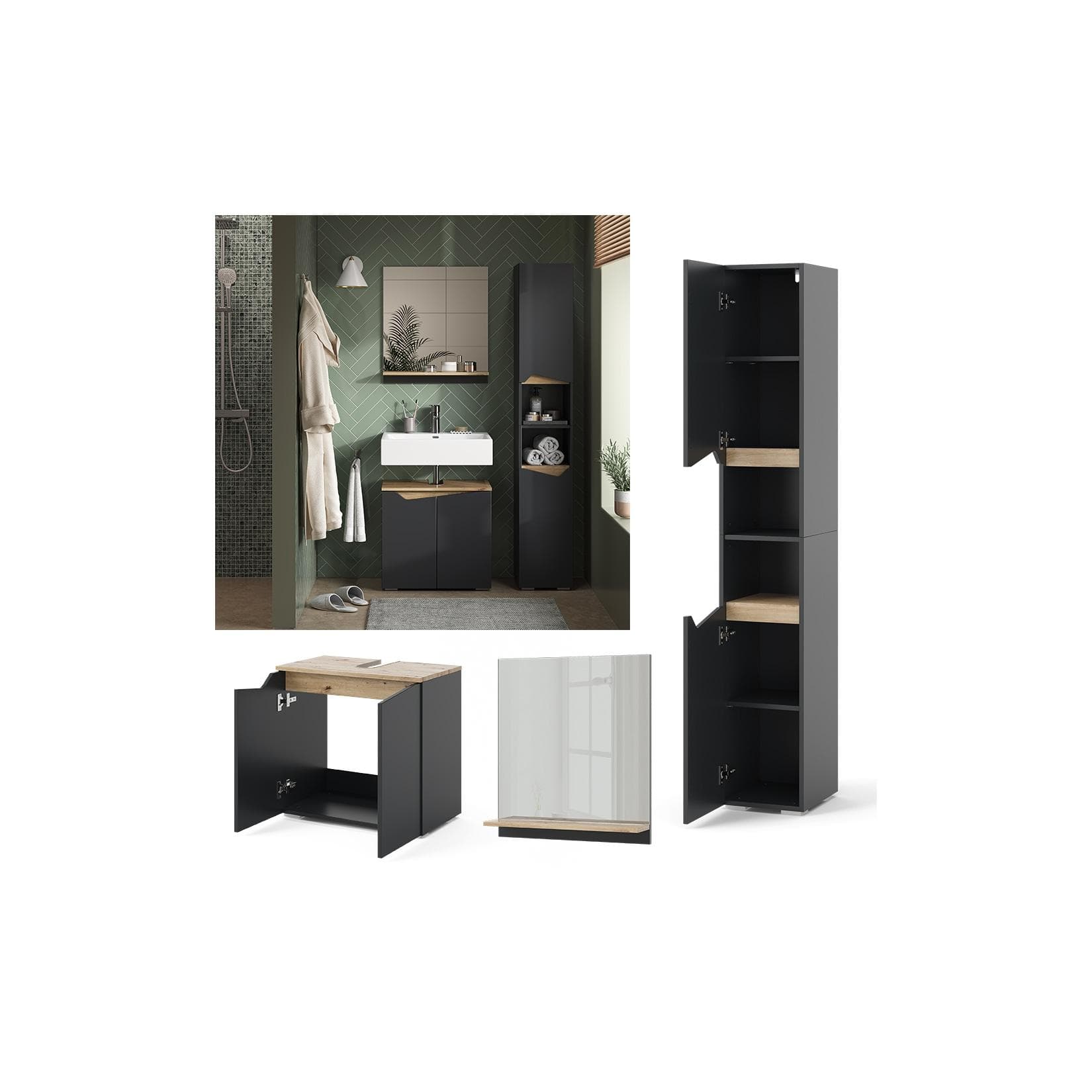 Vicco Badmöbel-Set Marelle 3-teilig Anthrazit Eiche Hochschrank
