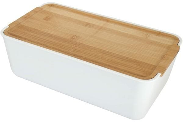 Brot Aufbewahrungsbox Kunststoff Weiß mit Bambus Schneidebrett