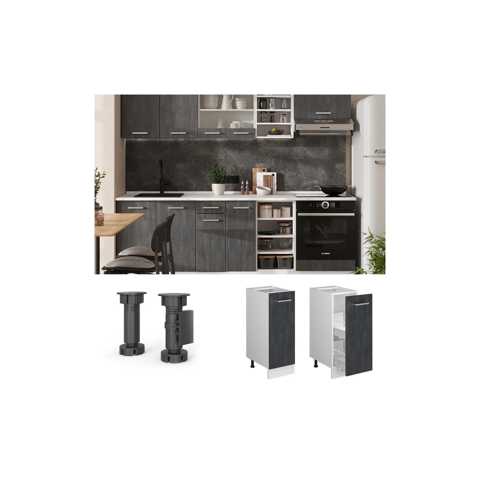 Apothekerschrank aus Schwarz Beton Optik mit Weißer Front