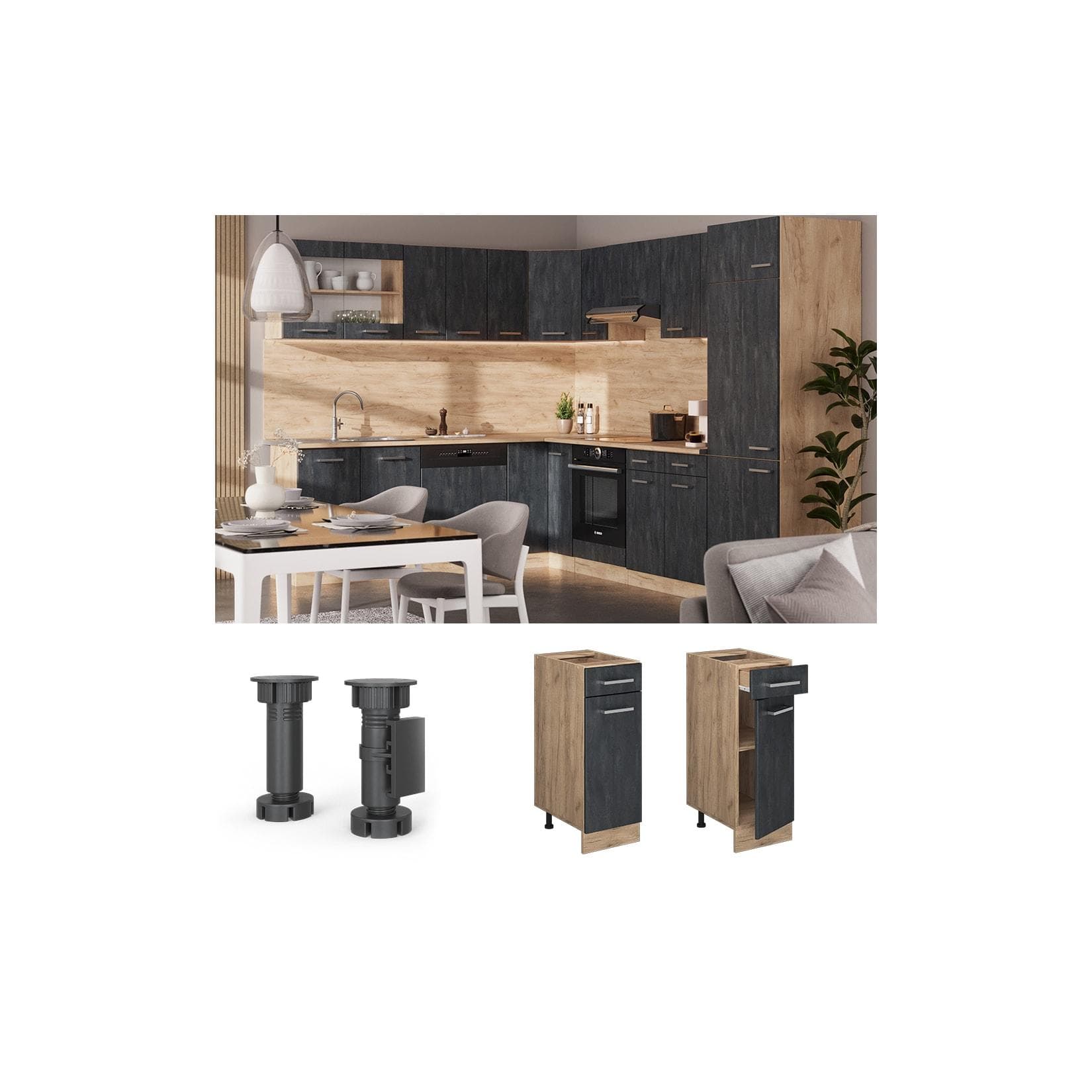 Vicco Schubunterschrank R-Line Schwarz Beton Eiche