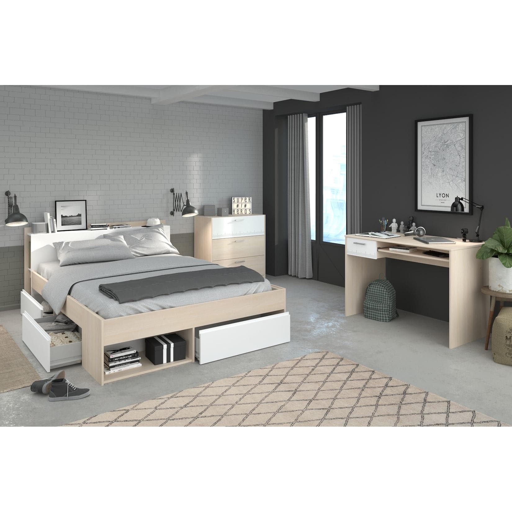 Jugendzimmer-Set Most: Bett mit Schubladen, Schreibtisch & Kommode