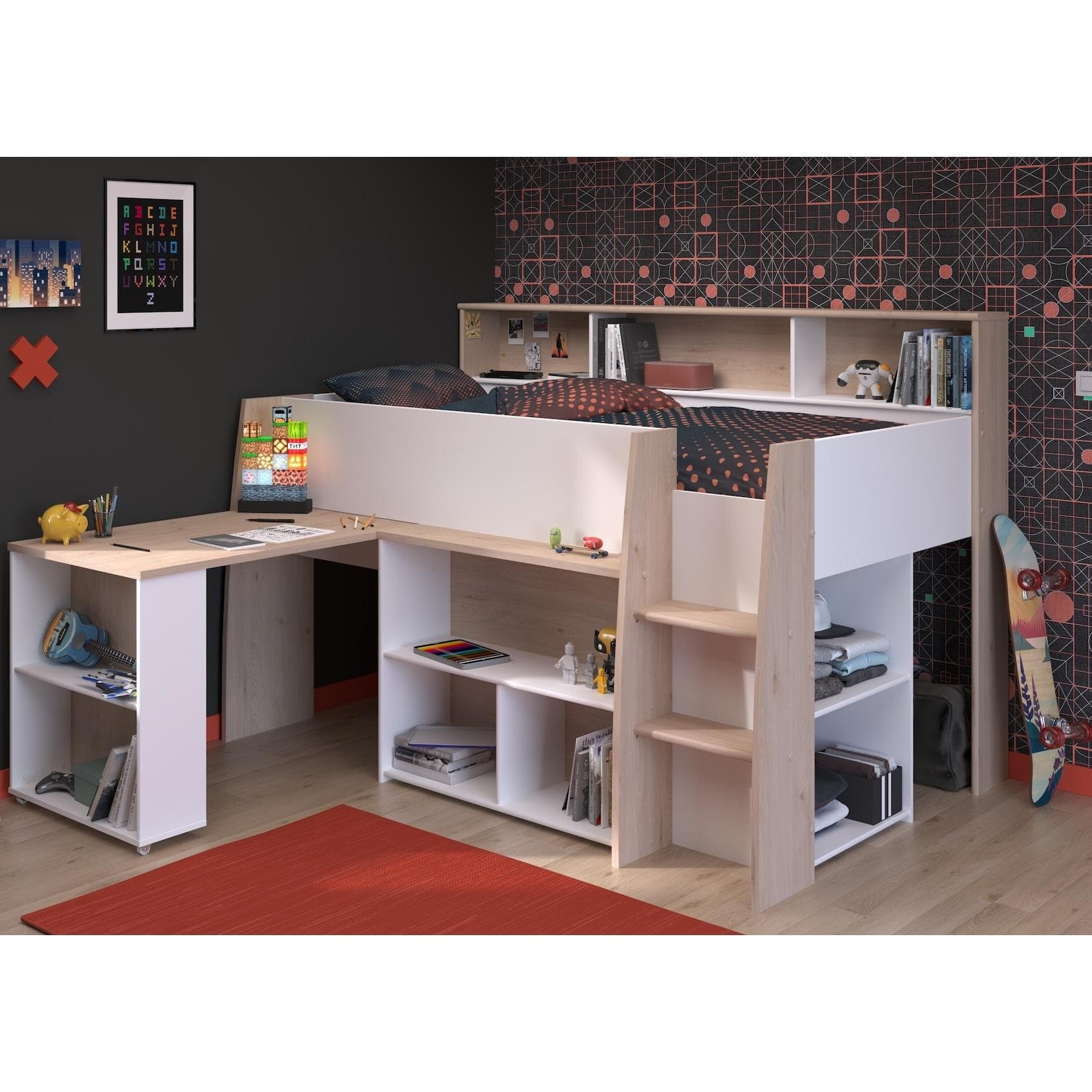 Hochbett mit Schreibtisch und Stauraum - Weiss/Japanische Eiche