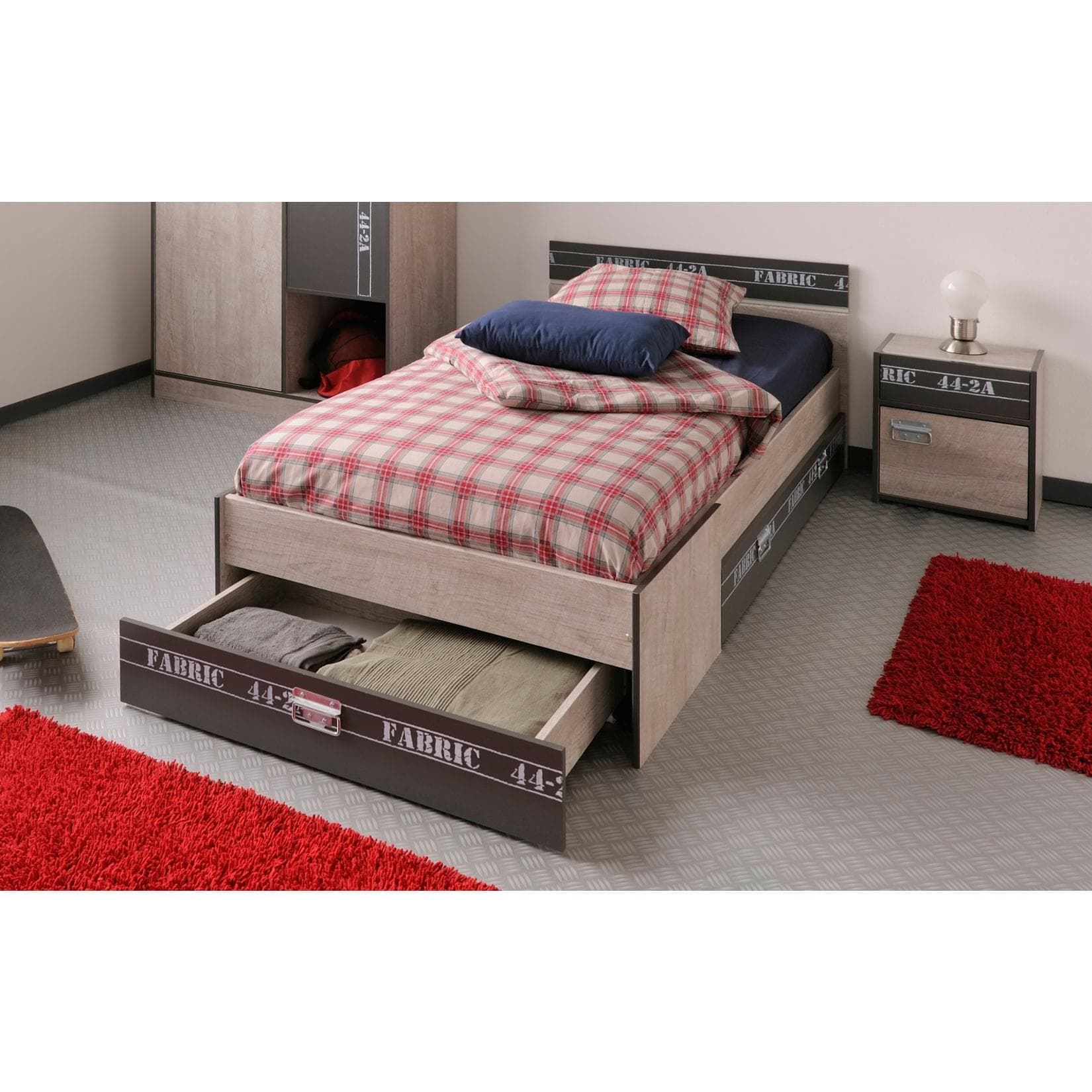 Parisot Bett mit Schubkästen und Nachtkommode Esche-grau