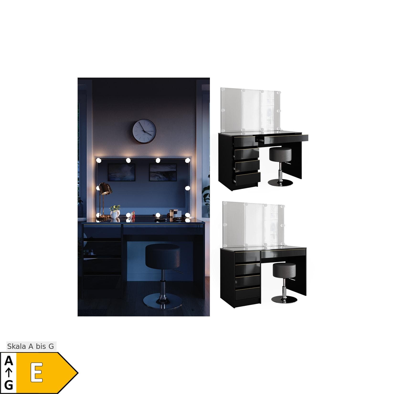 Vicco Schminktisch Sherry Schwarz Hochglanz Gold mit LED und Hocker