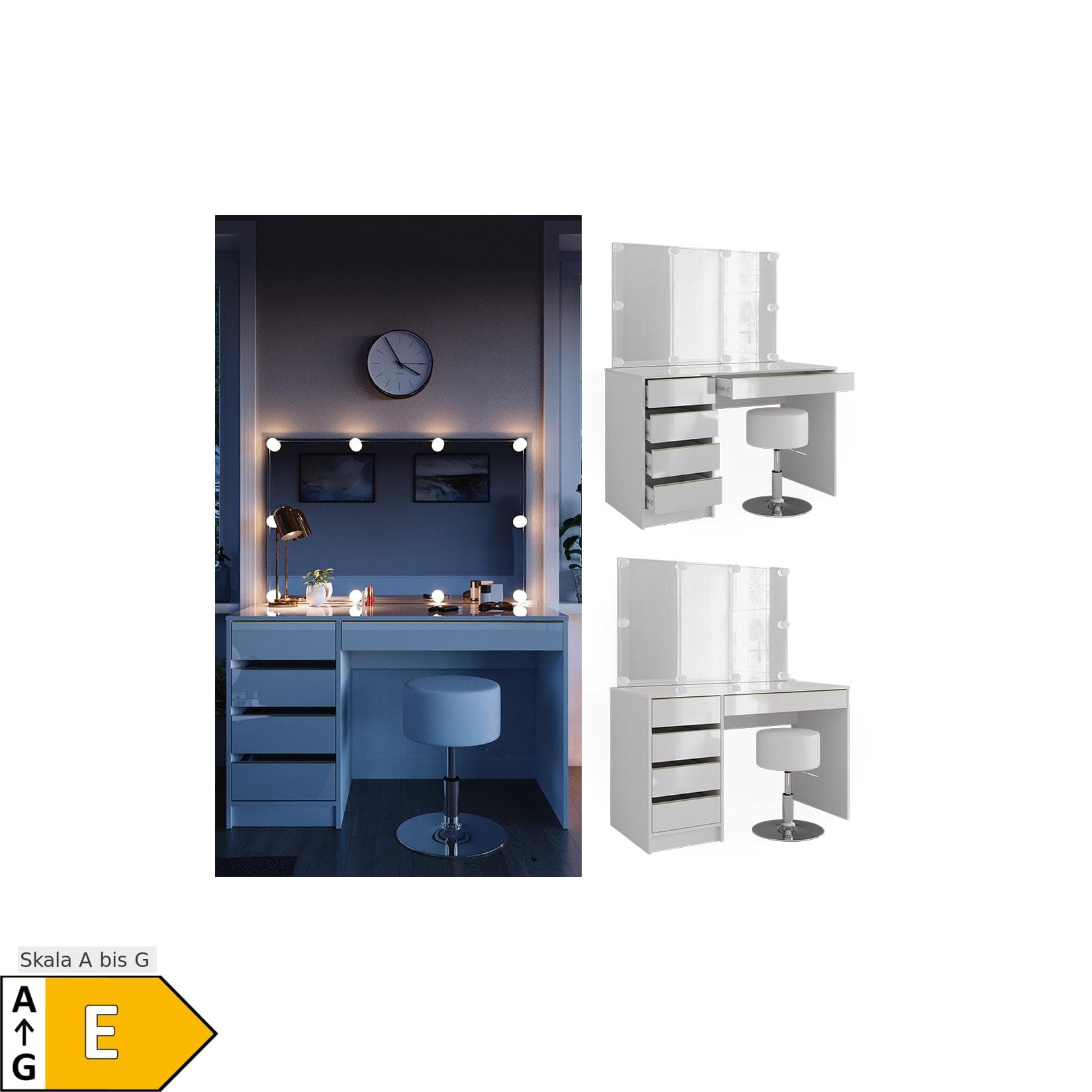 Vicco Schminktisch Sherry Weiß Hochglanz Gold mit LED und Hocker