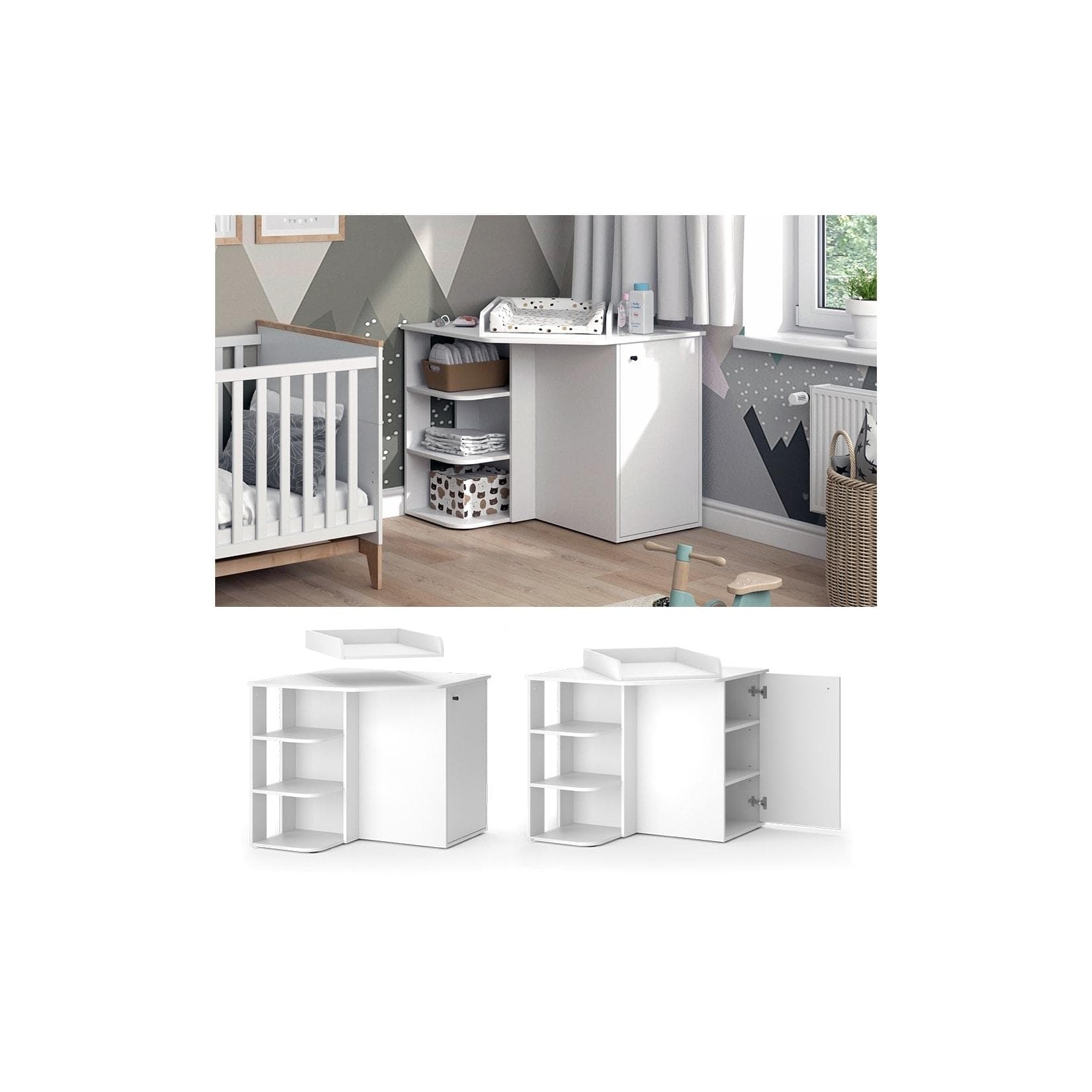Wickelkommode Weiß mit Tür & Offenen Fächern