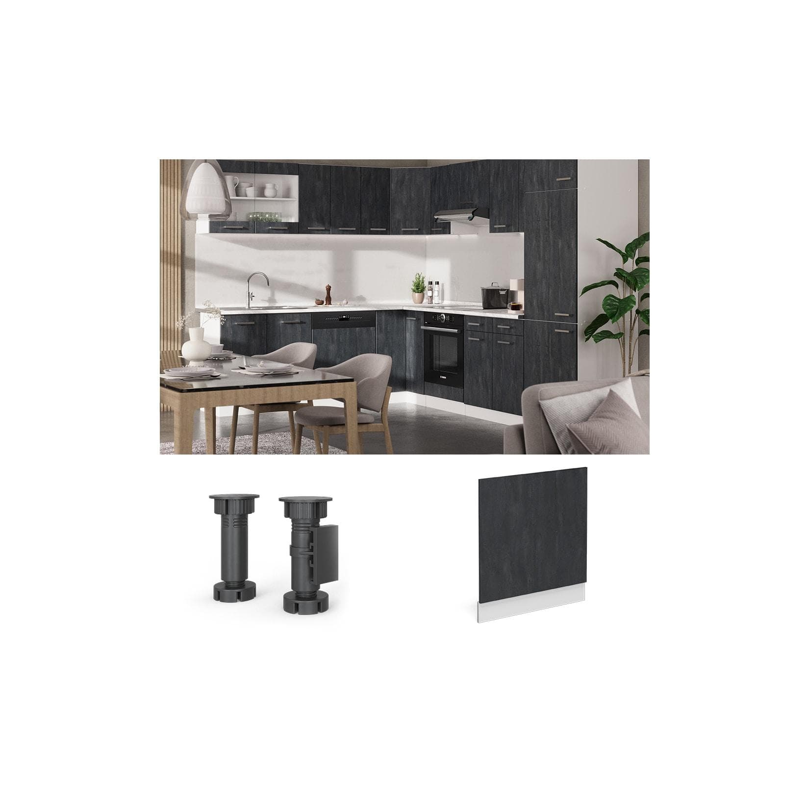Vicco Geschirrspülerblende R-Line Schwarz Beton Weiß mit Arbeitsplatte Anthrazit