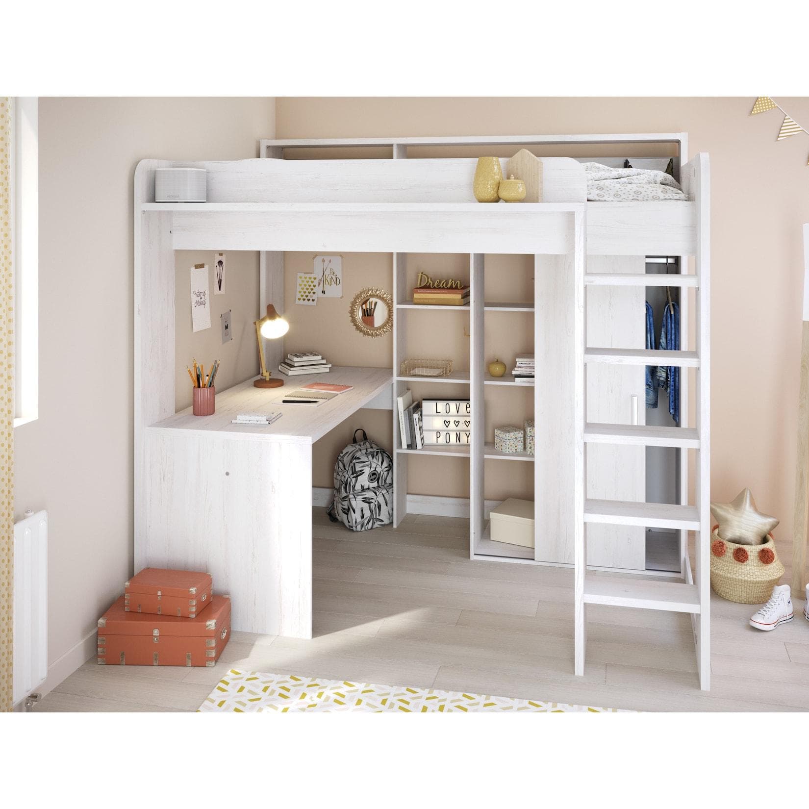 Parisot Multifunktionshochbett Higher 1 Esche mit Schreibtisch und Kleiderschrank