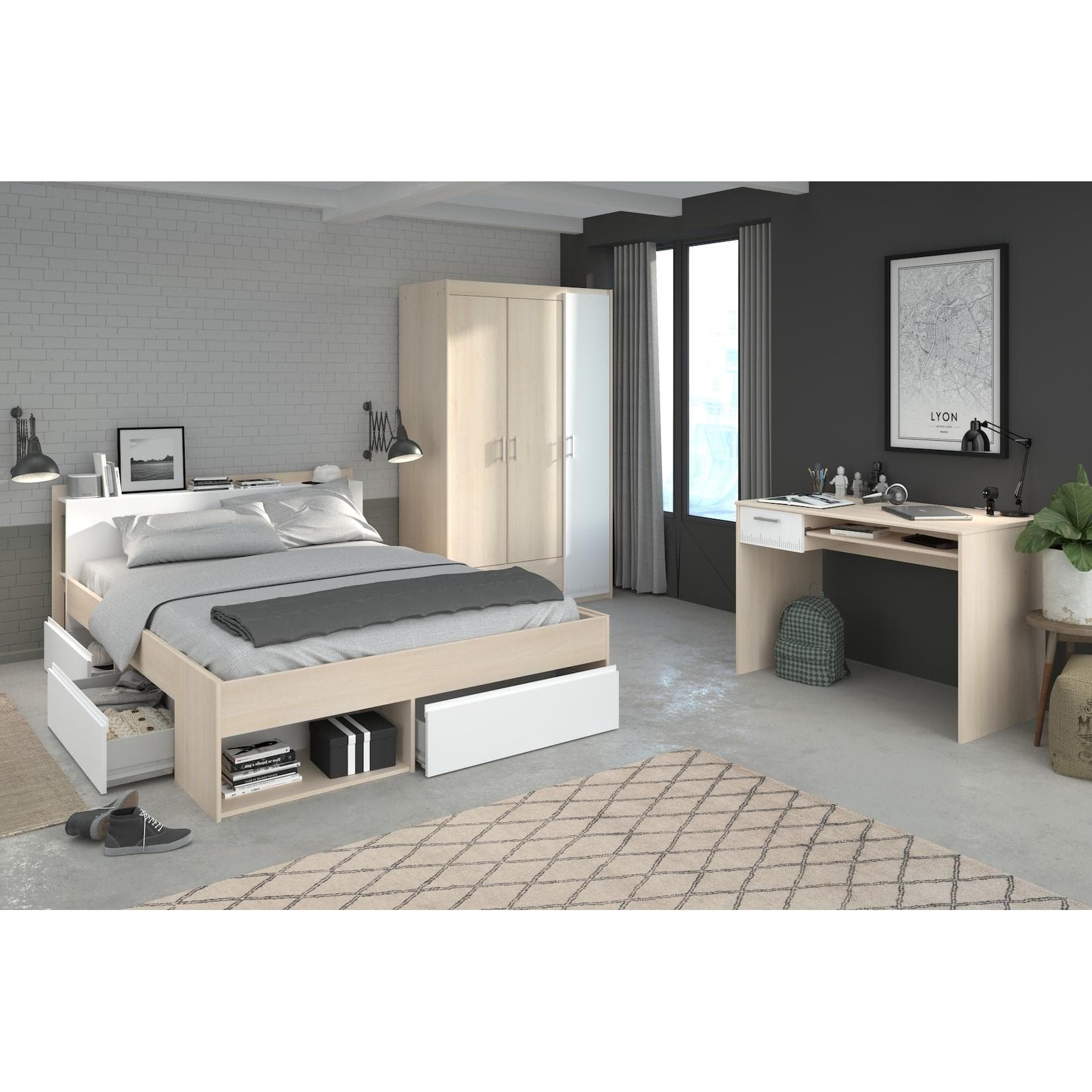 Jugendzimmer-Set mit Schubkastenbett, Kleiderschrank und Schreibtisch