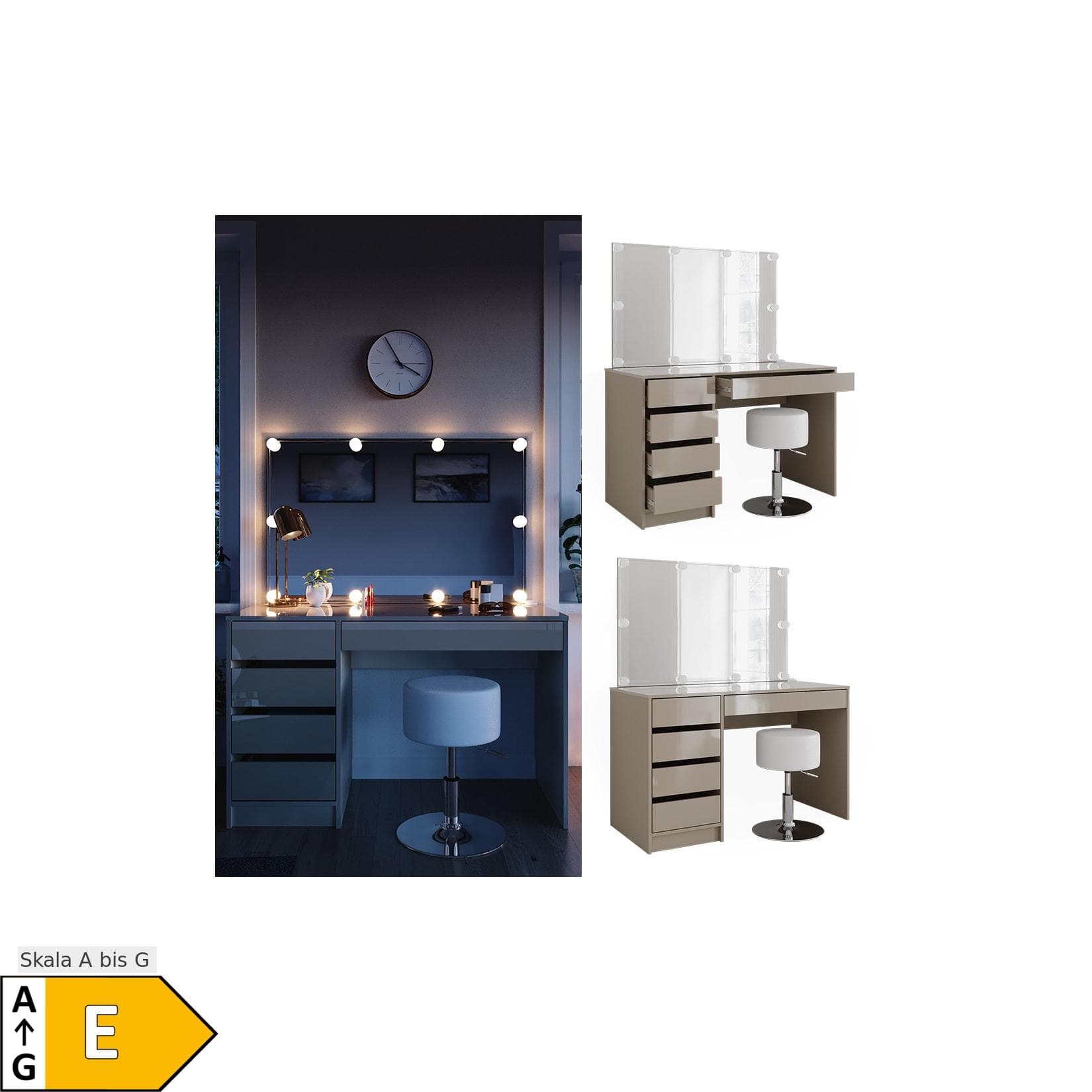 Vicco Schminktisch Sherry Greige Hochglanz mit LED-Spiegel und Hocker