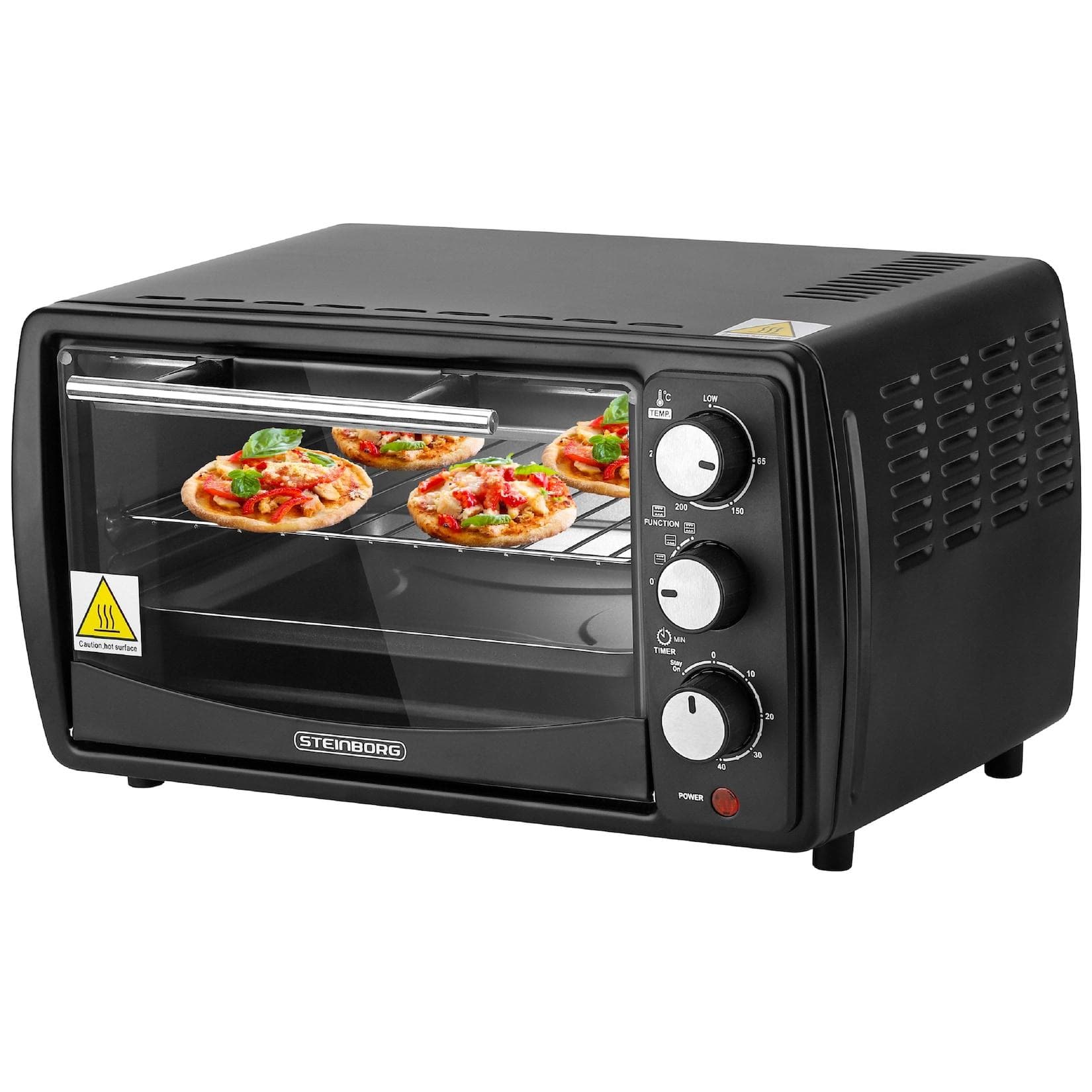 Steinborg Minibackofen 13L Pizzaofen 60 Minuten Timer 1200W Schwarz