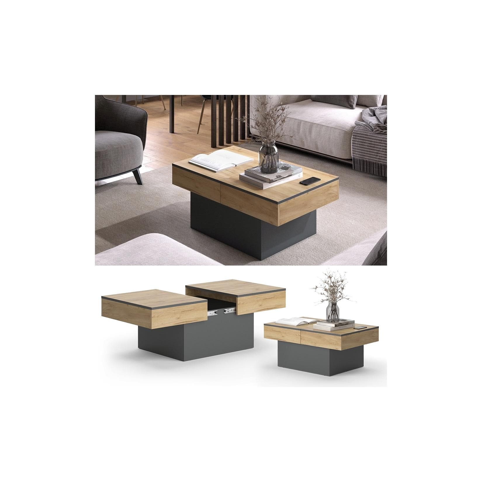 Ausziehbarer Couchtisch in Anthrazit/Goldkraft Eiche