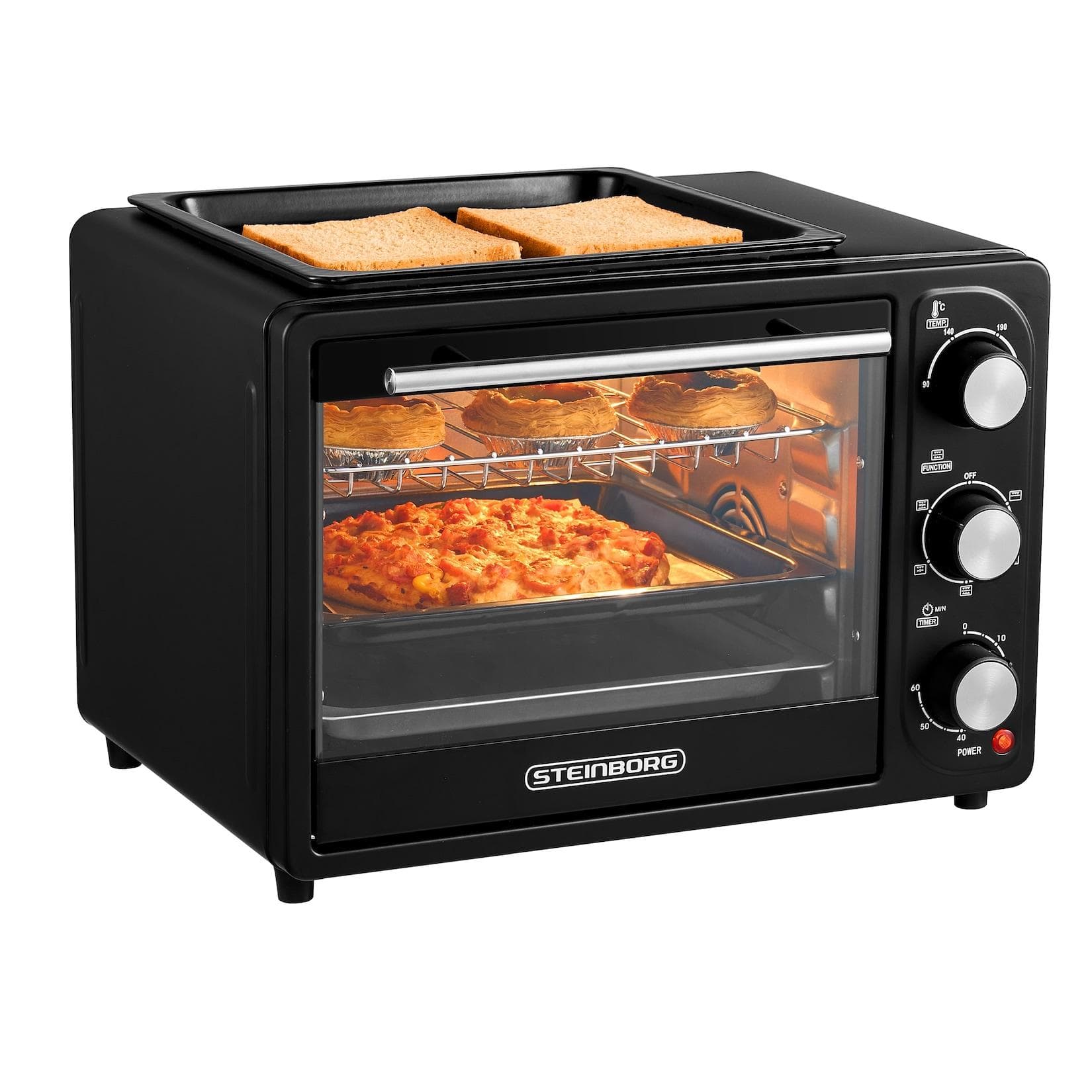 Steinborg 3in1 Minibackofen 20L mit Grillplatte Umluft 1300W Schwarz