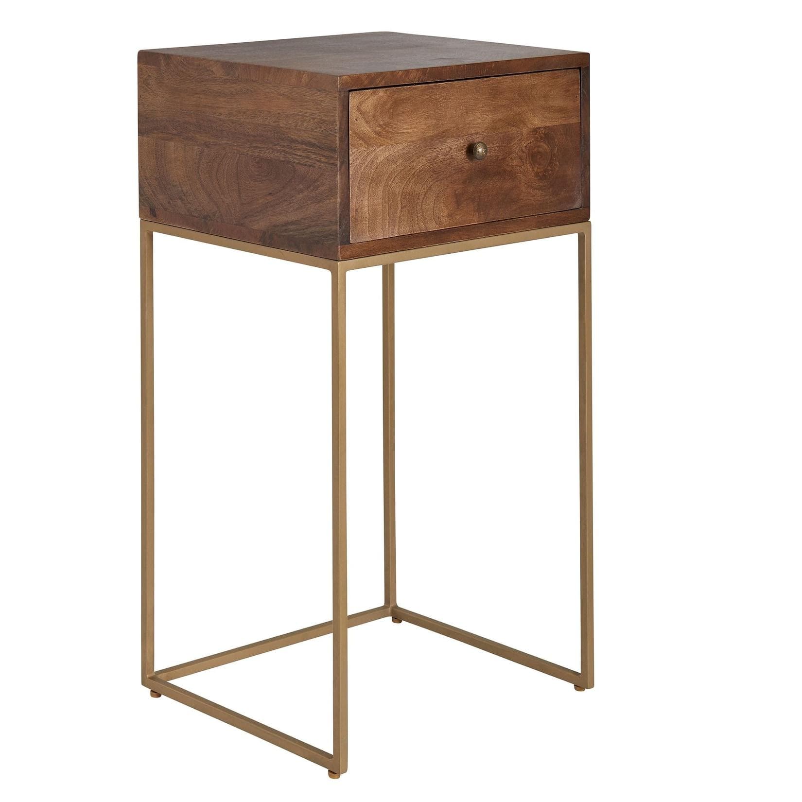 FINEBUY Nachttisch Massivholz Mango Gold Industrial mit Schublade