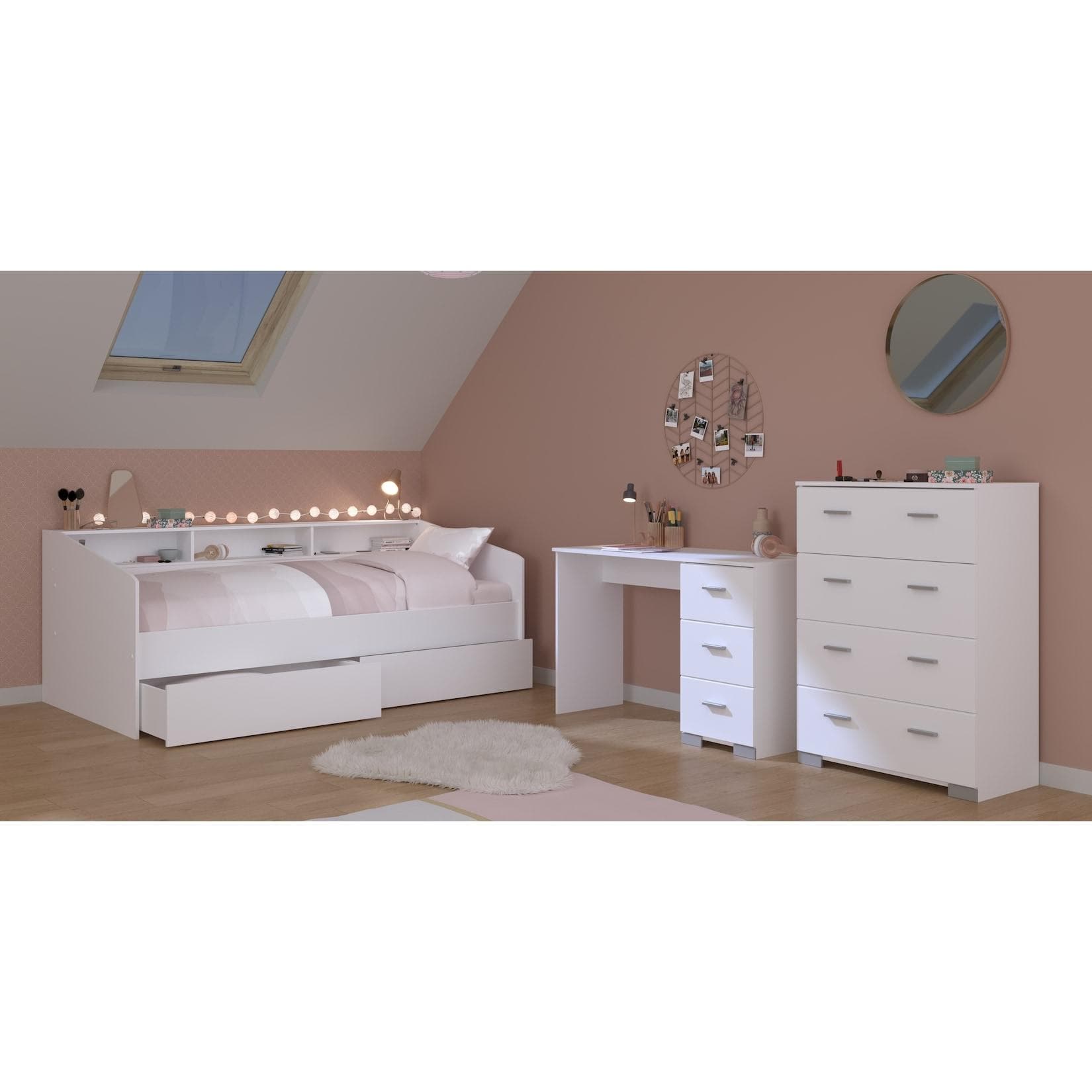 Jugendzimmer-Set mit Bett, Stauraum und Schreibtisch in Weiß/Eiche