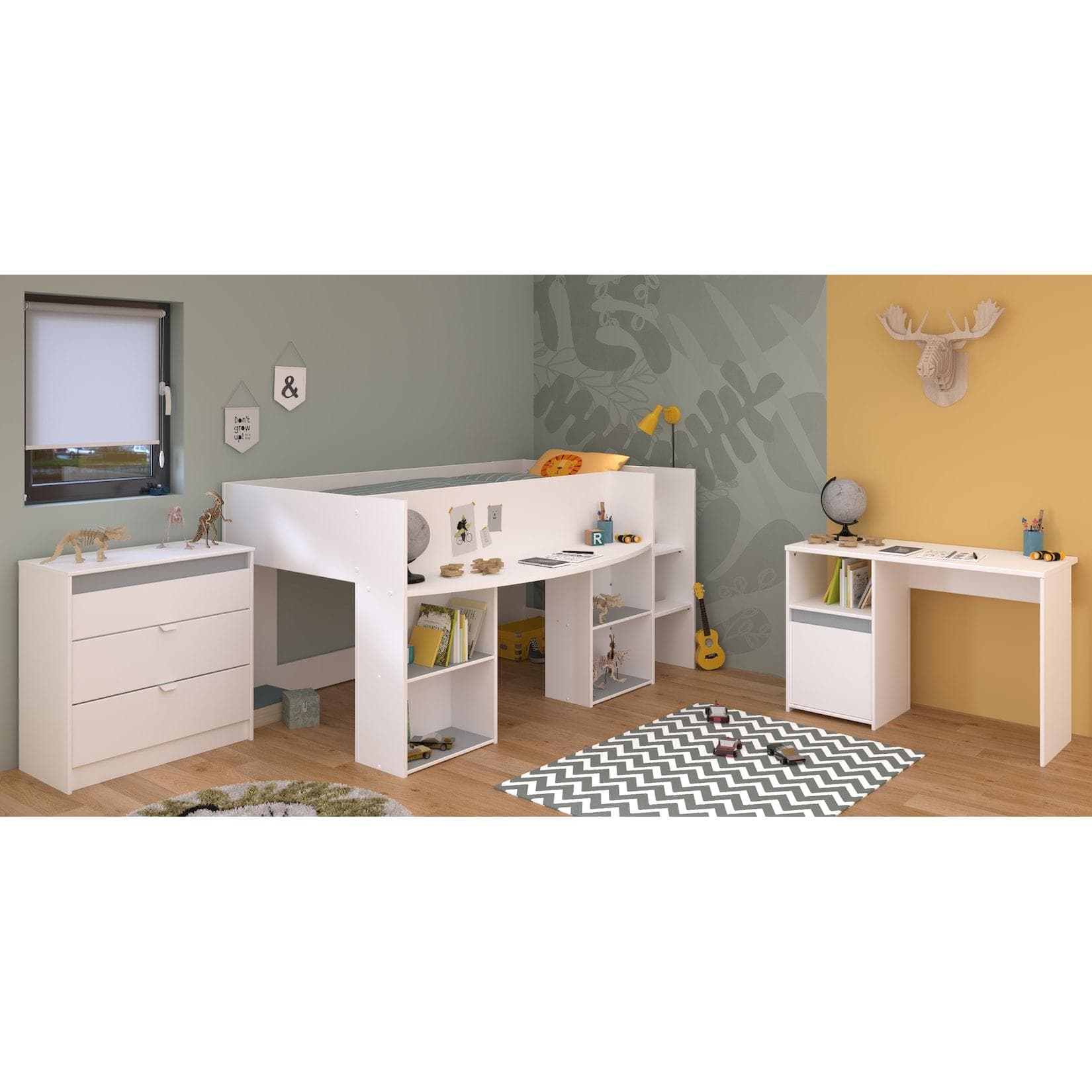 Jugendzimmer-Set PARISOT, weiß, Hochbett mit Schreibtisch und Kommode