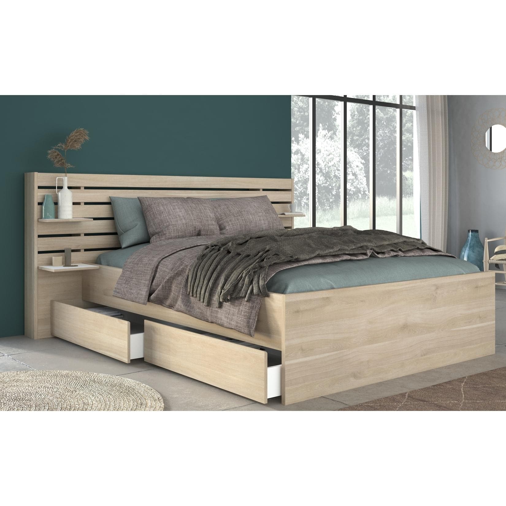 Stauraumbett mit 2 Schubladen - Japanische Eiche