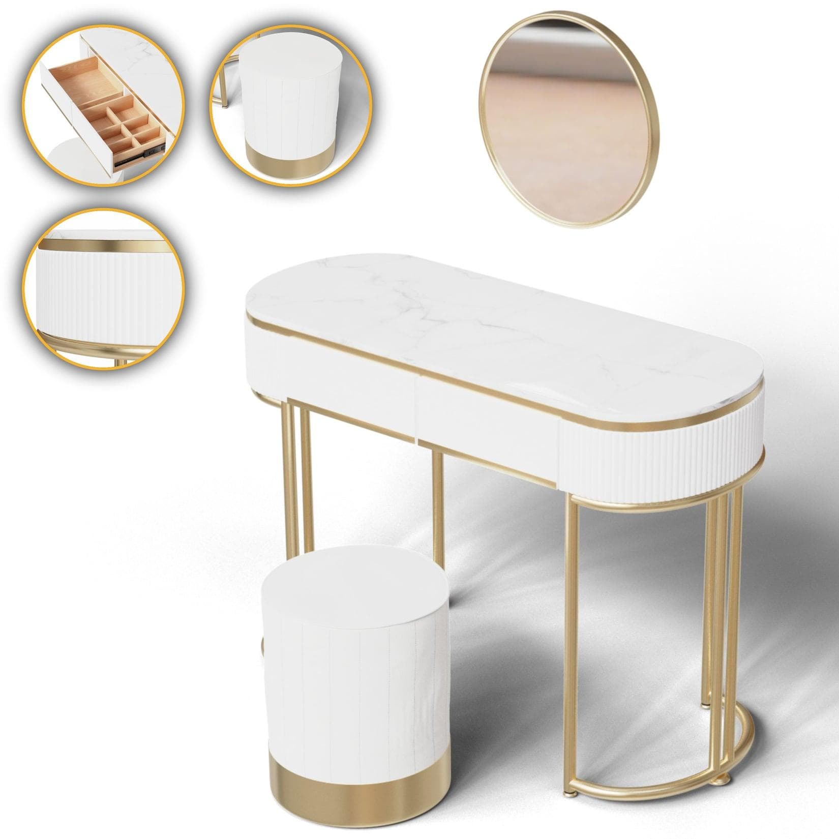 Makika Schminktisch LENA mit Hocker & Spiegel - Gold/Weiß Holz
