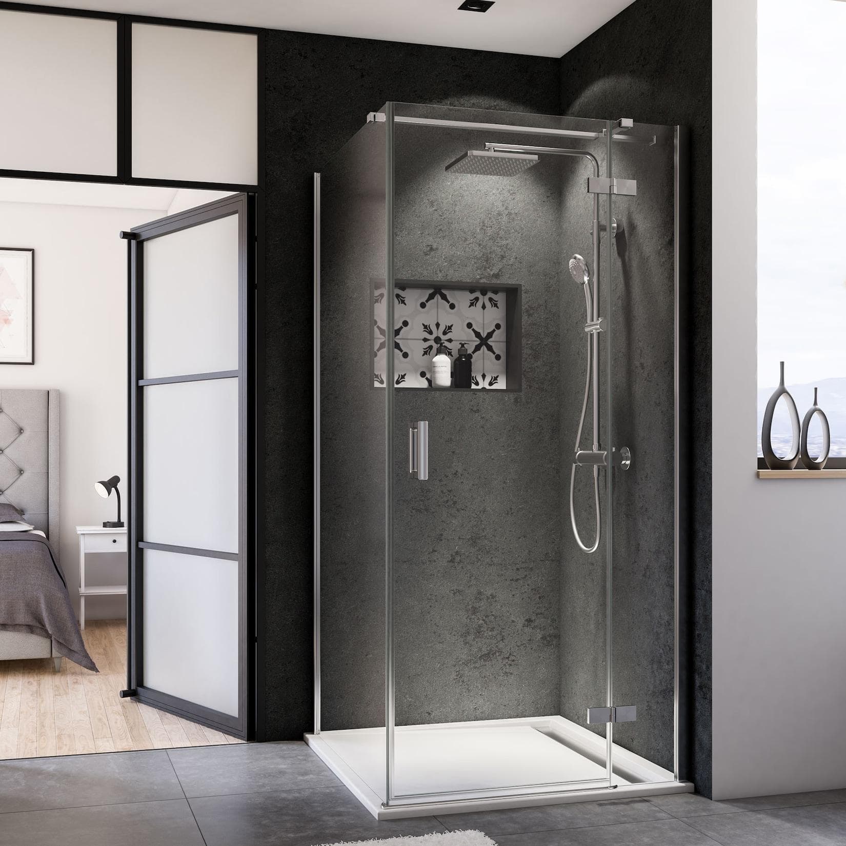 Breuer Panorama Drehtür mit Festteil für Seitenwand Aluminium-Chromeffekt Klarglas 900 mm