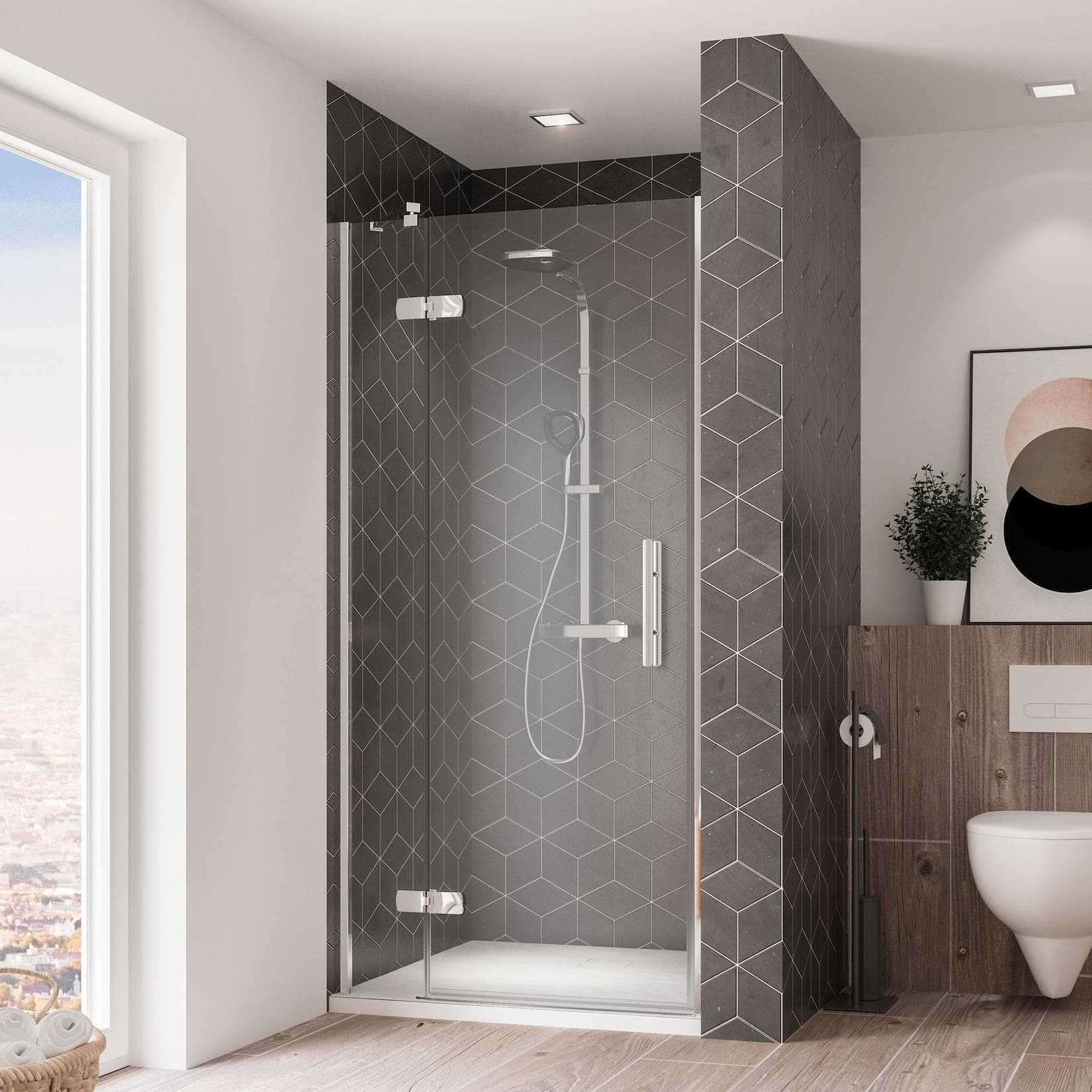 Breuer Avanta Drehtür mit Festteil für Nische 900 mm Alu-Chromeffekt Klarglas