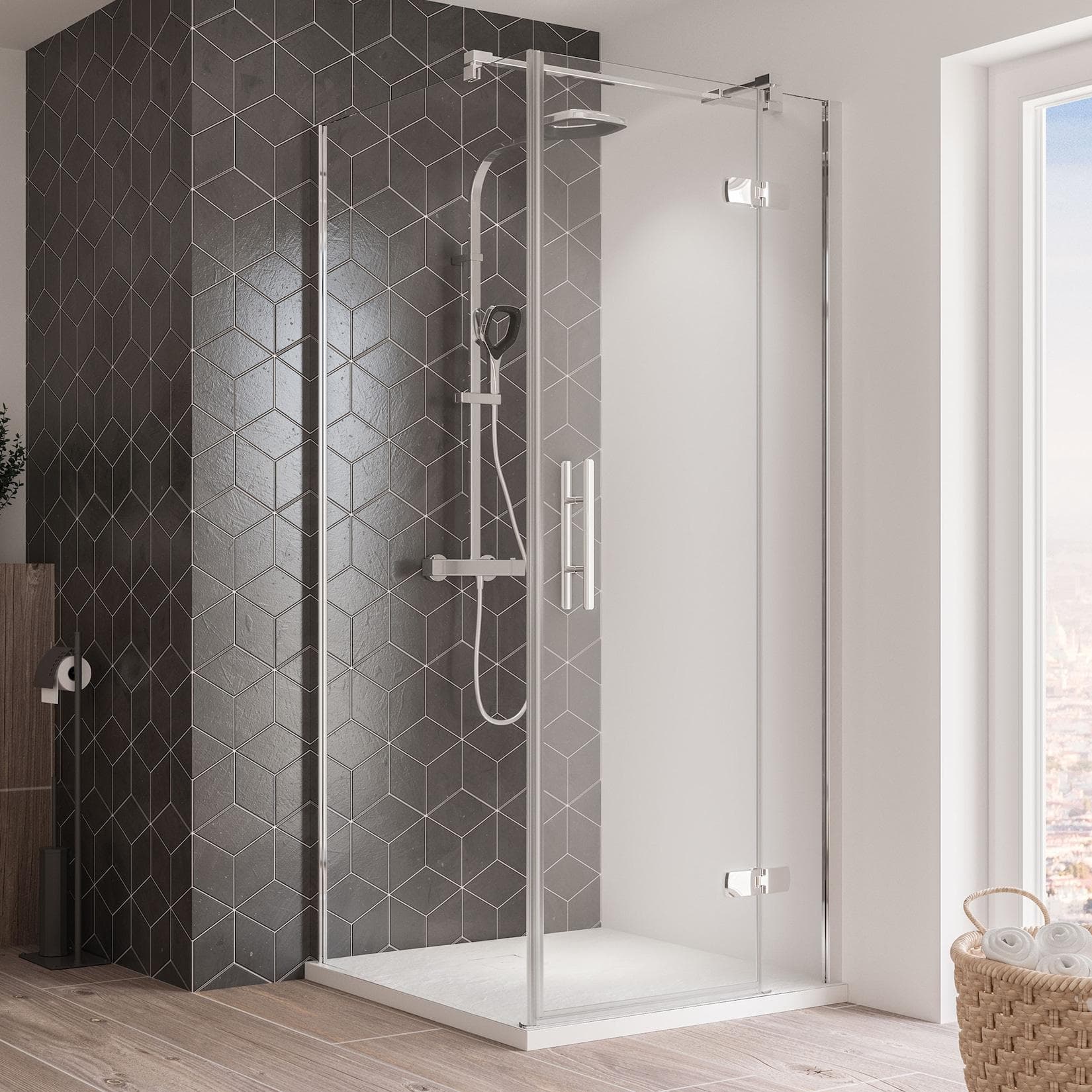 Breuer Avanta Drehtür mit Festteil 900 mm Alu Chromeffekt Klarglas