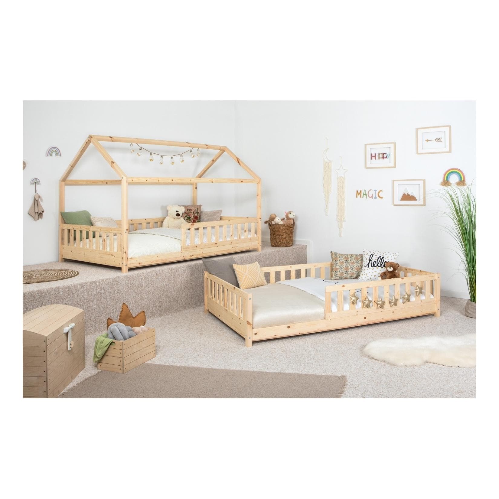 Kiefer Massivholzbett Duo mit Rausfallschutz und abnehmbarem Dach