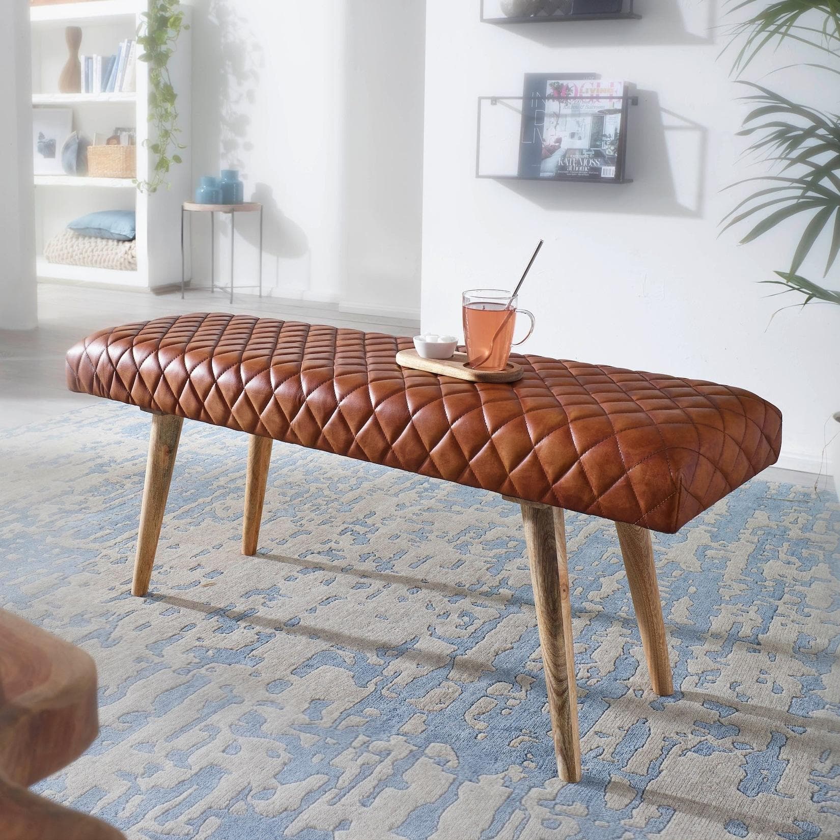 FineBuy Gepolsterte Sitzbank 115cm Echtleder Braun Retro