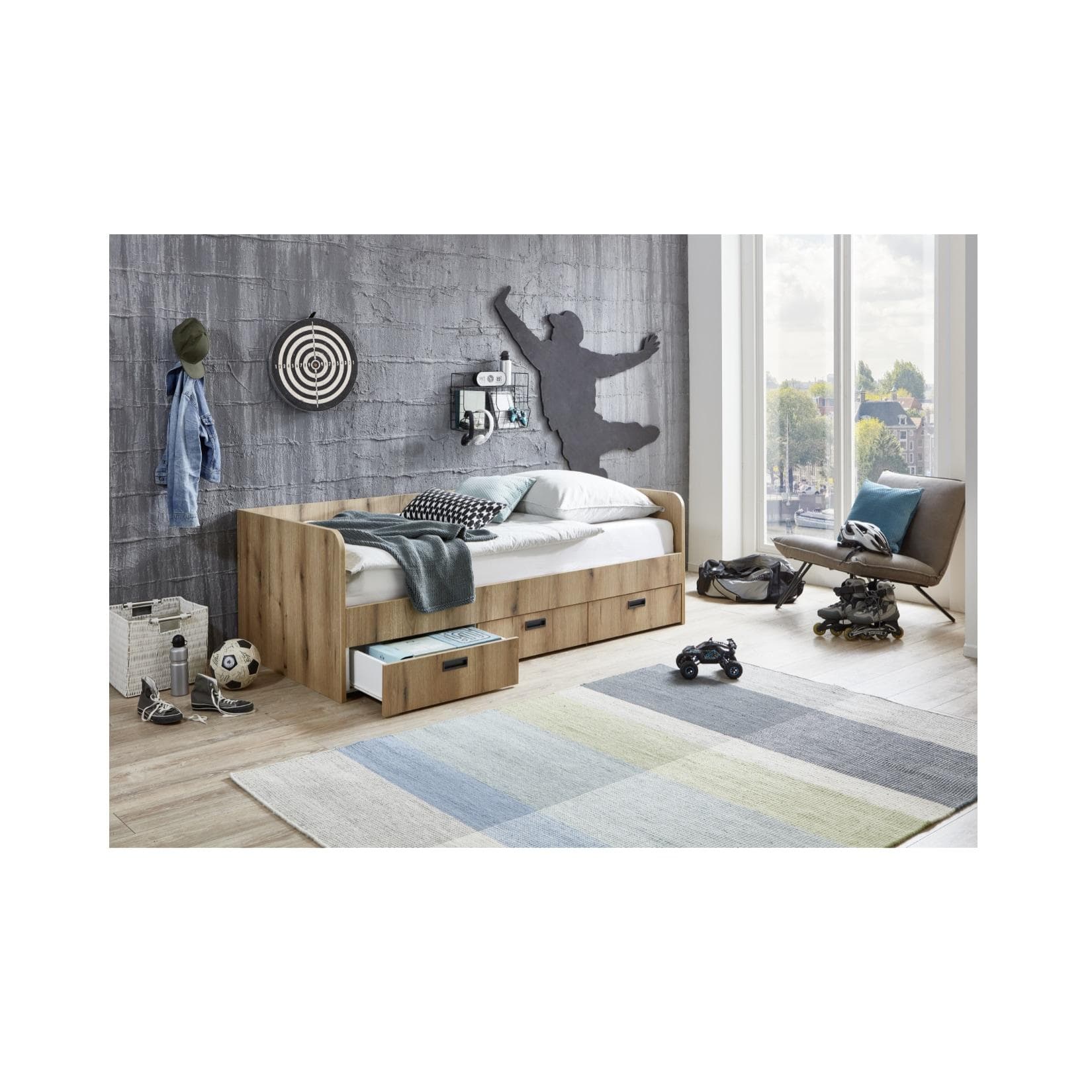 Ausziehbares Einzelbett mit Lattenrost und Stauraum