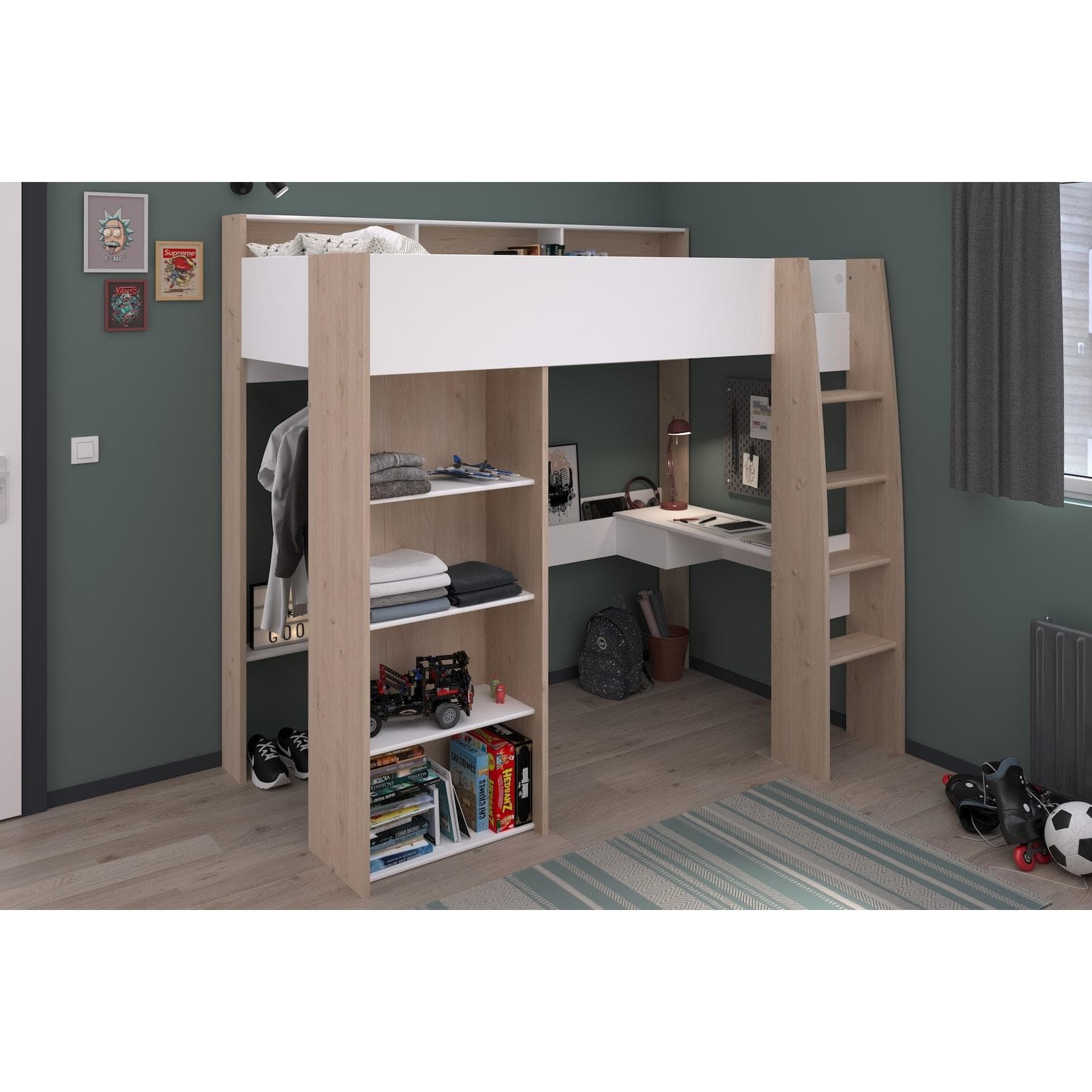 Hochbett mit Schreibtisch und Stauraum - Shelter 11 Eiche