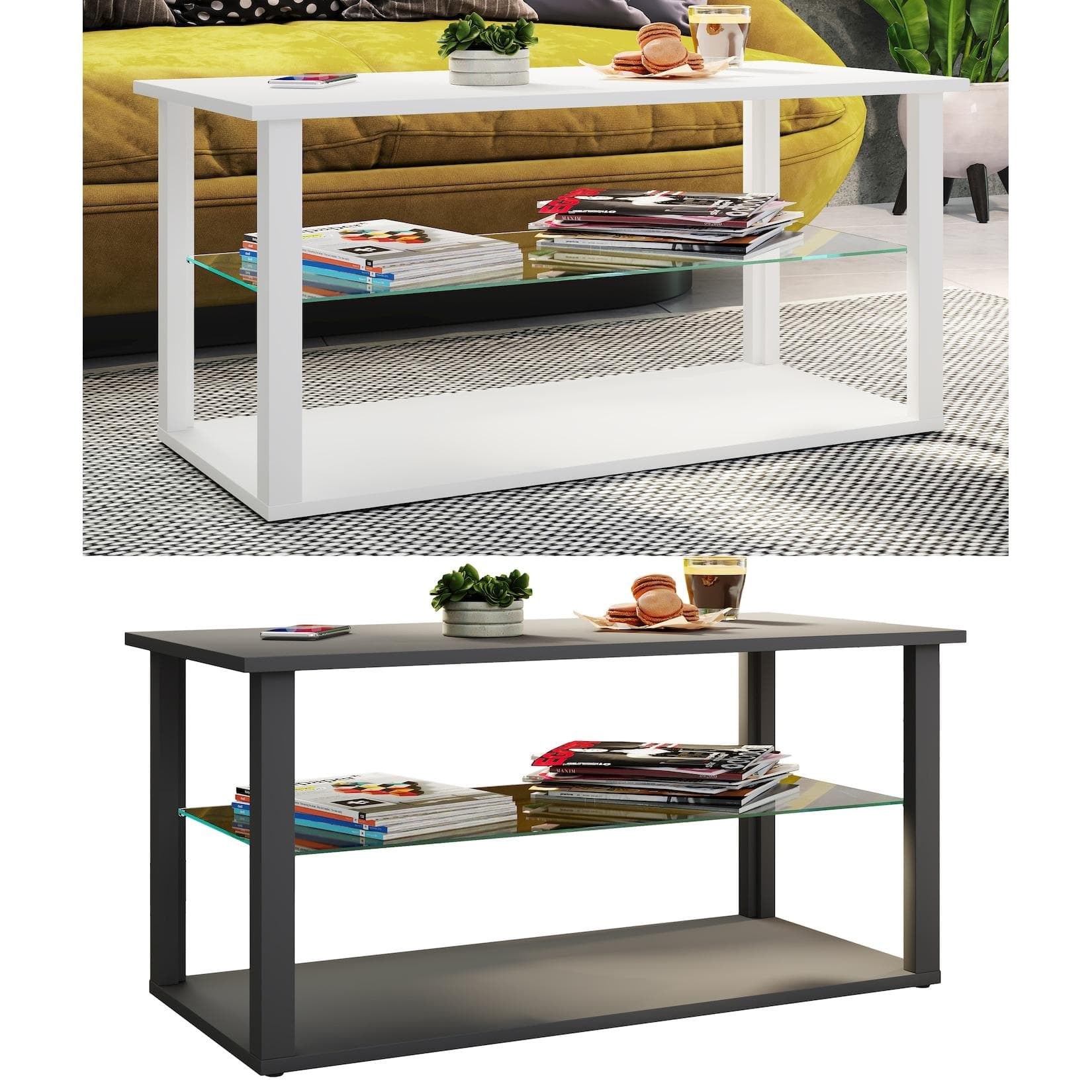 VCM Wanilo L Couchtisch Weiß mit Glas-Fachboden