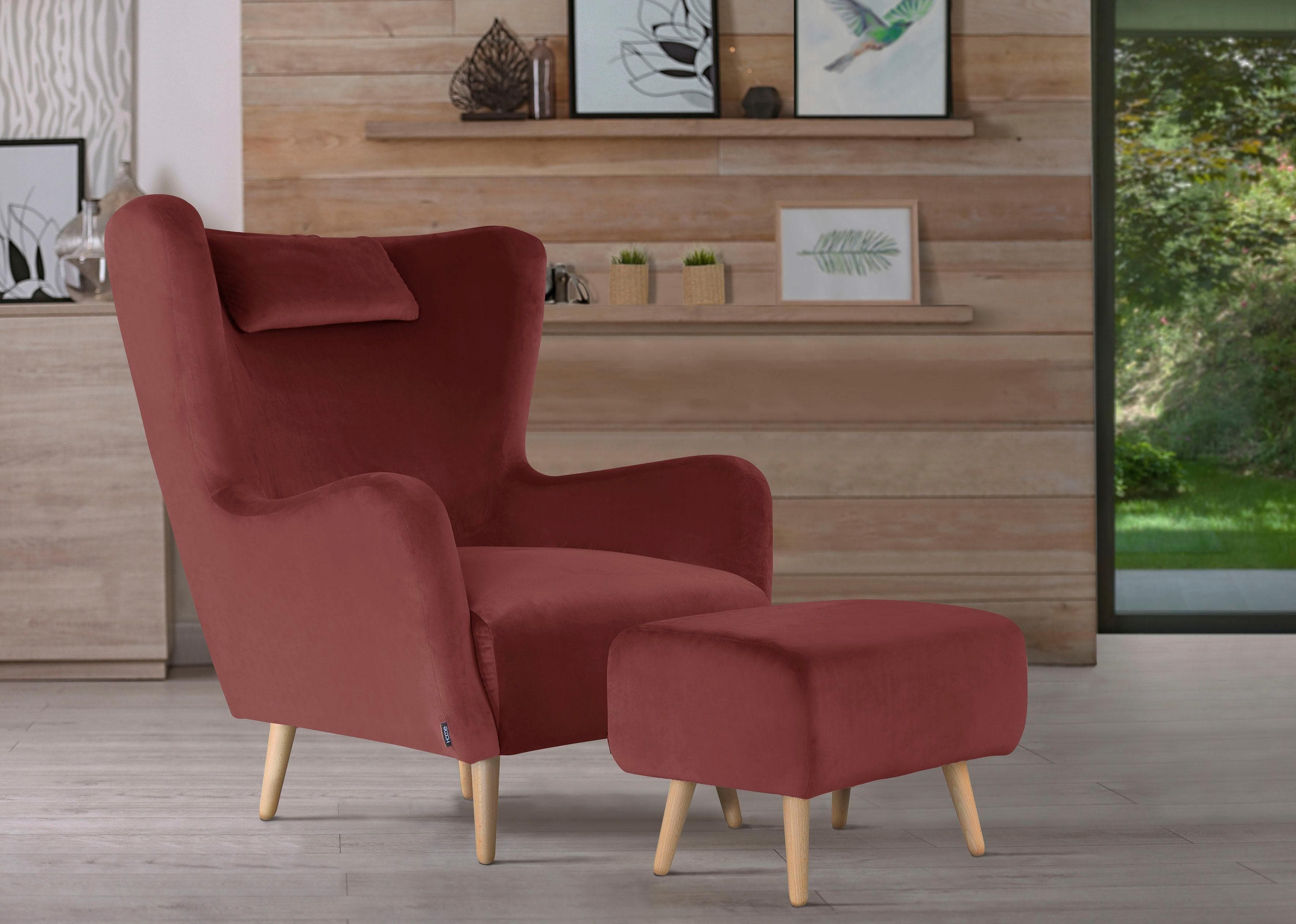 Home Affaire Sessel Telford Rot mit Hocker Samtoptik