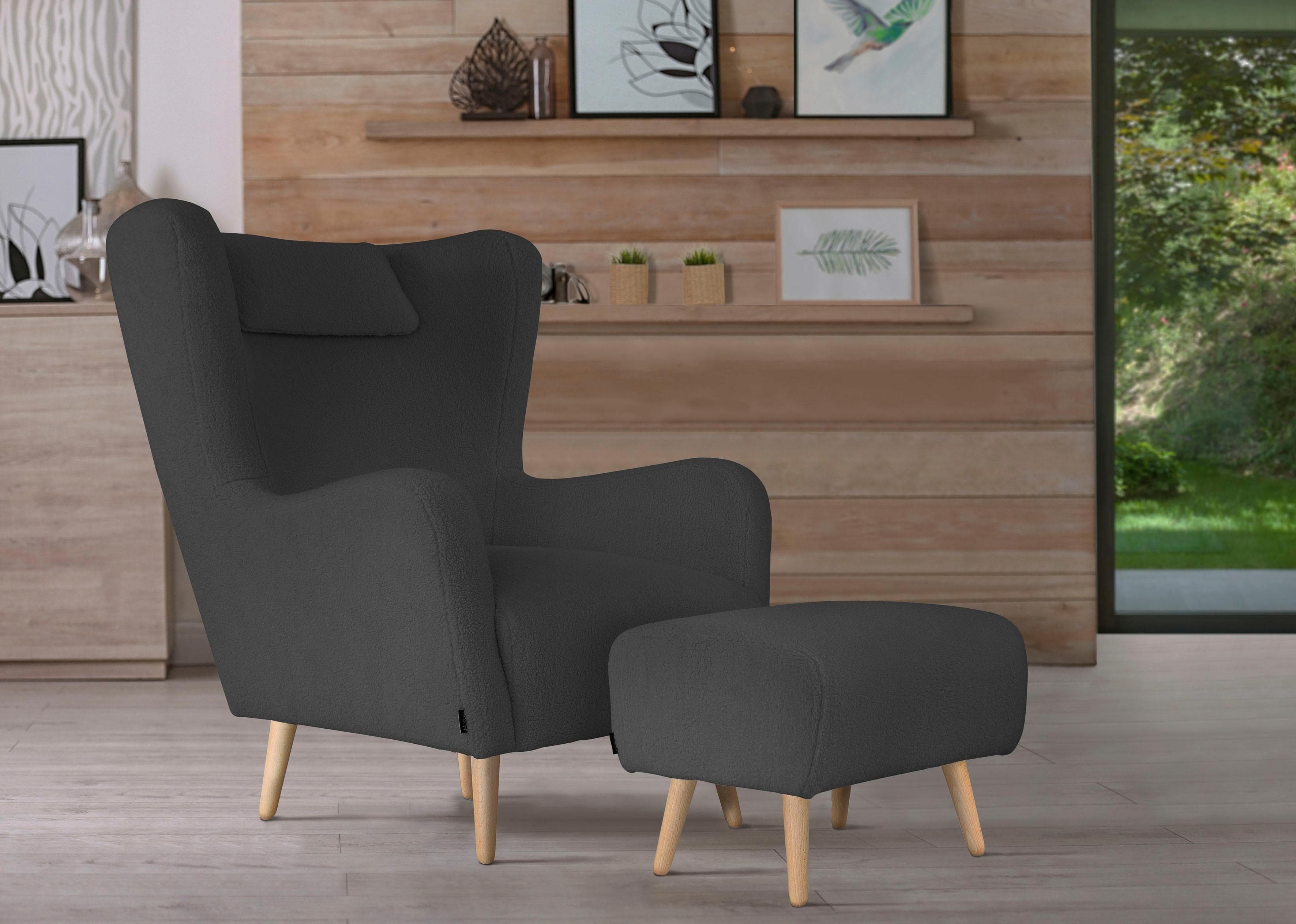 HOME AFFAIRE Sessel Telford Ohrensessel mit Hocker Anthrazit Polyester